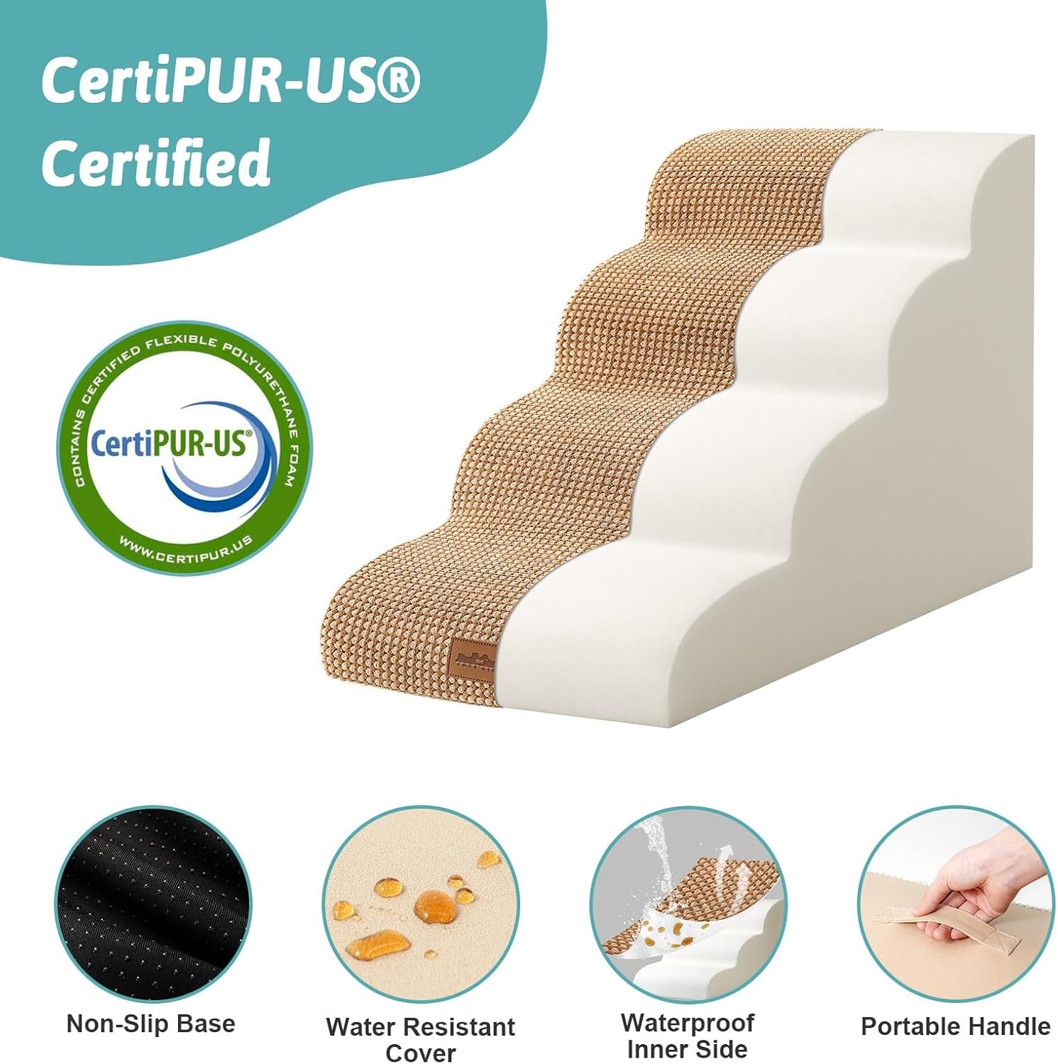image:imageCOZY KISS Dog Stairs for Small Dog 226 H Curved Pet Step for Puppy Older Cat Medium Pet Ramp for High Bed Ladder with High Density Foam Durable 5 Step 157x33x226 inch GreyLight Brown