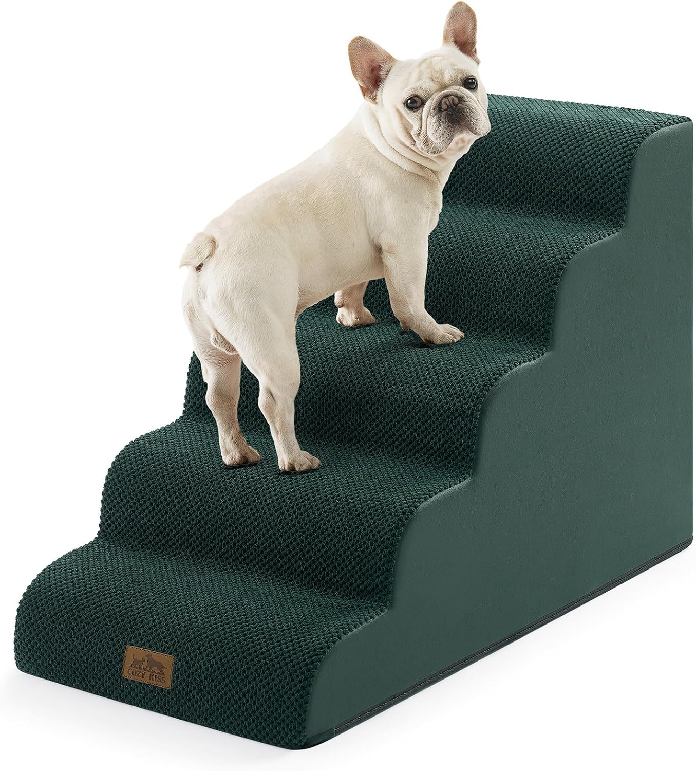 image:imageCOZY KISS Dog Stairs for Small Dog 226 H Curved Pet Step for Puppy Older Cat Medium Pet Ramp for High Bed Ladder with High Density Foam Durable 5 Step 157x33x226 inch GreyDark Green