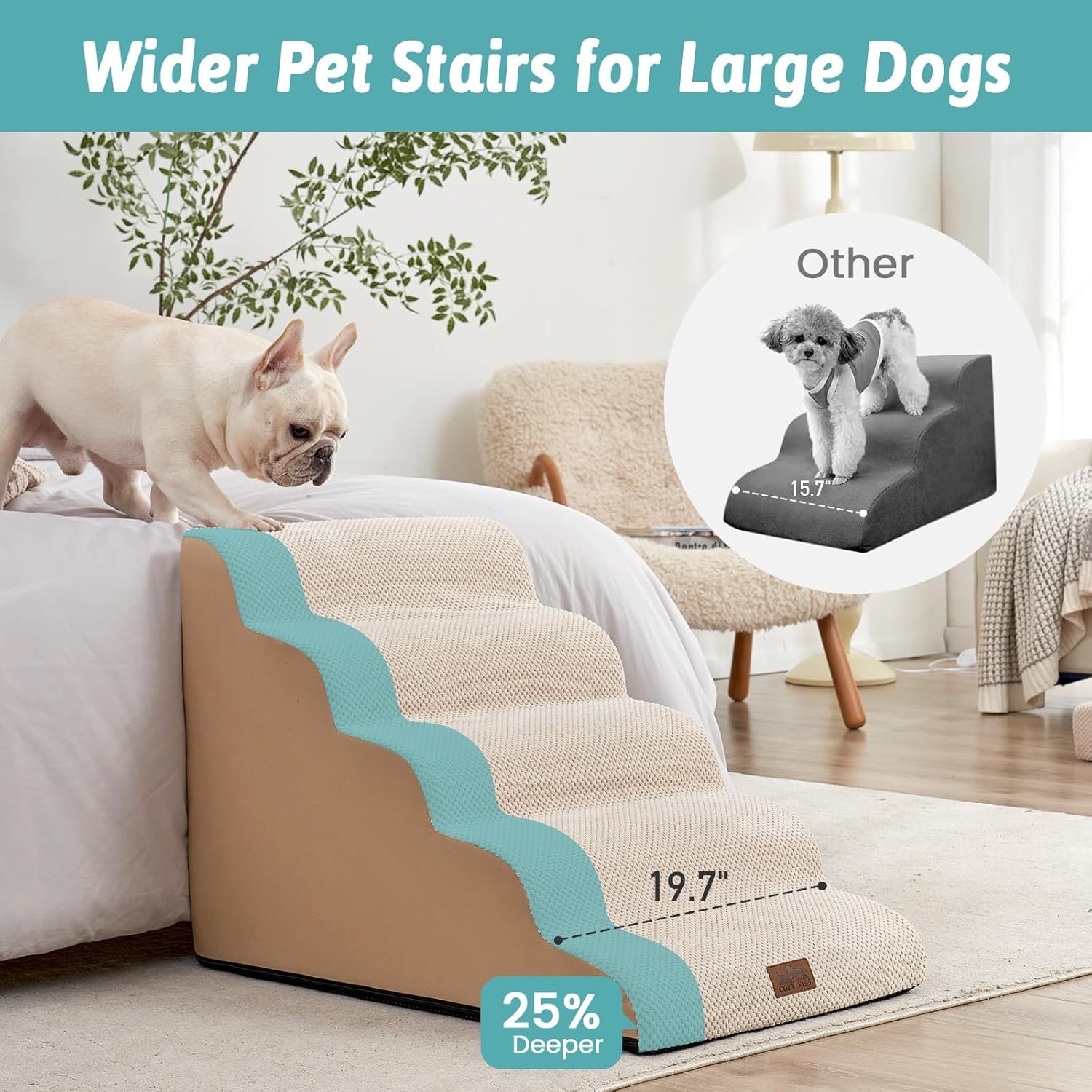 image:imageCOZY KISS Dog Stairs for Small Dog 226 H Curved Pet Step for Puppy Older Cat Medium Pet Ramp for High Bed Ladder with High Density Foam Durable 5 Step 157x33x226 inch GreyBeige