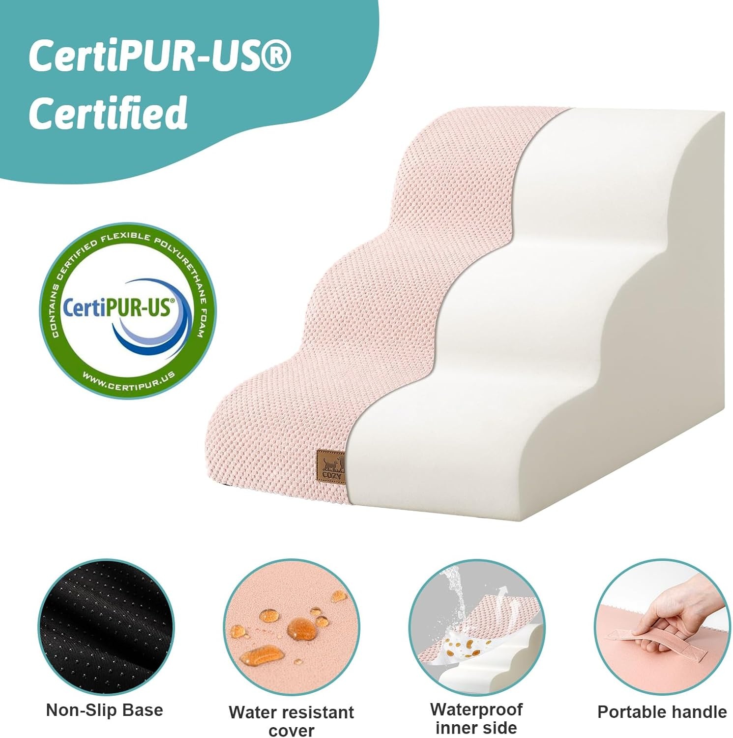 image:imageCOZY KISS Dog Stairs for Small Dog 226 H Curved Pet Step for Puppy Older Cat Medium Pet Ramp for High Bed Ladder with High Density Foam Durable 5 Step 157x33x226 inch GreyPink
