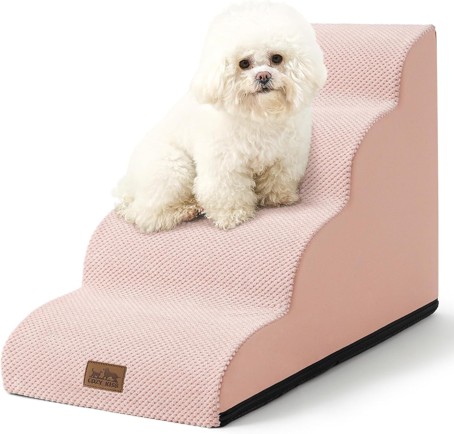 image:imageCOZY KISS Dog Stairs for Small Dog 226 H Curved Pet Step for Puppy Older Cat Medium Pet Ramp for High Bed Ladder with High Density Foam Durable 5 Step 157x33x226 inch GreyPink