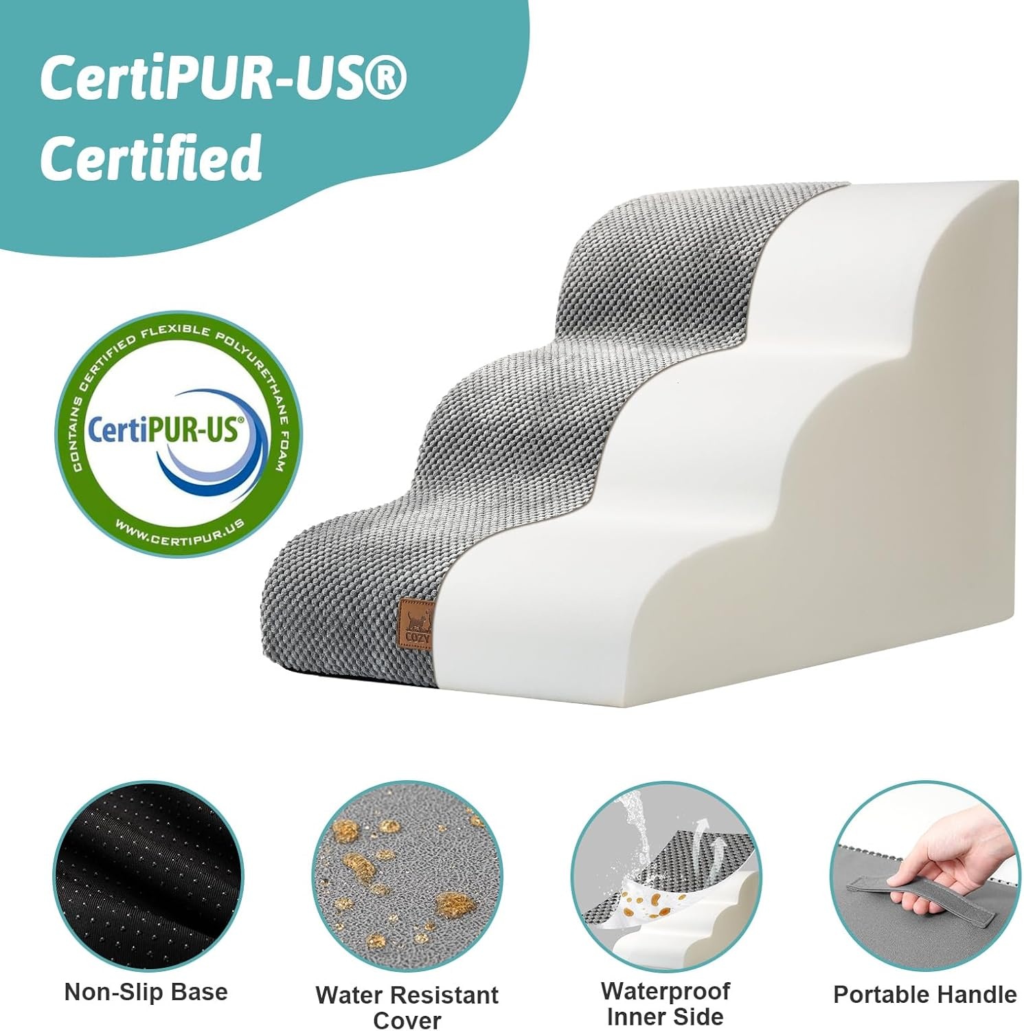 image:imageCOZY KISS Dog Stairs for Small Dog 226 H Curved Pet Step for Puppy Older Cat Medium Pet Ramp for High Bed Ladder with High Density Foam Durable 5 Step 157x33x226 inch GreyGrey