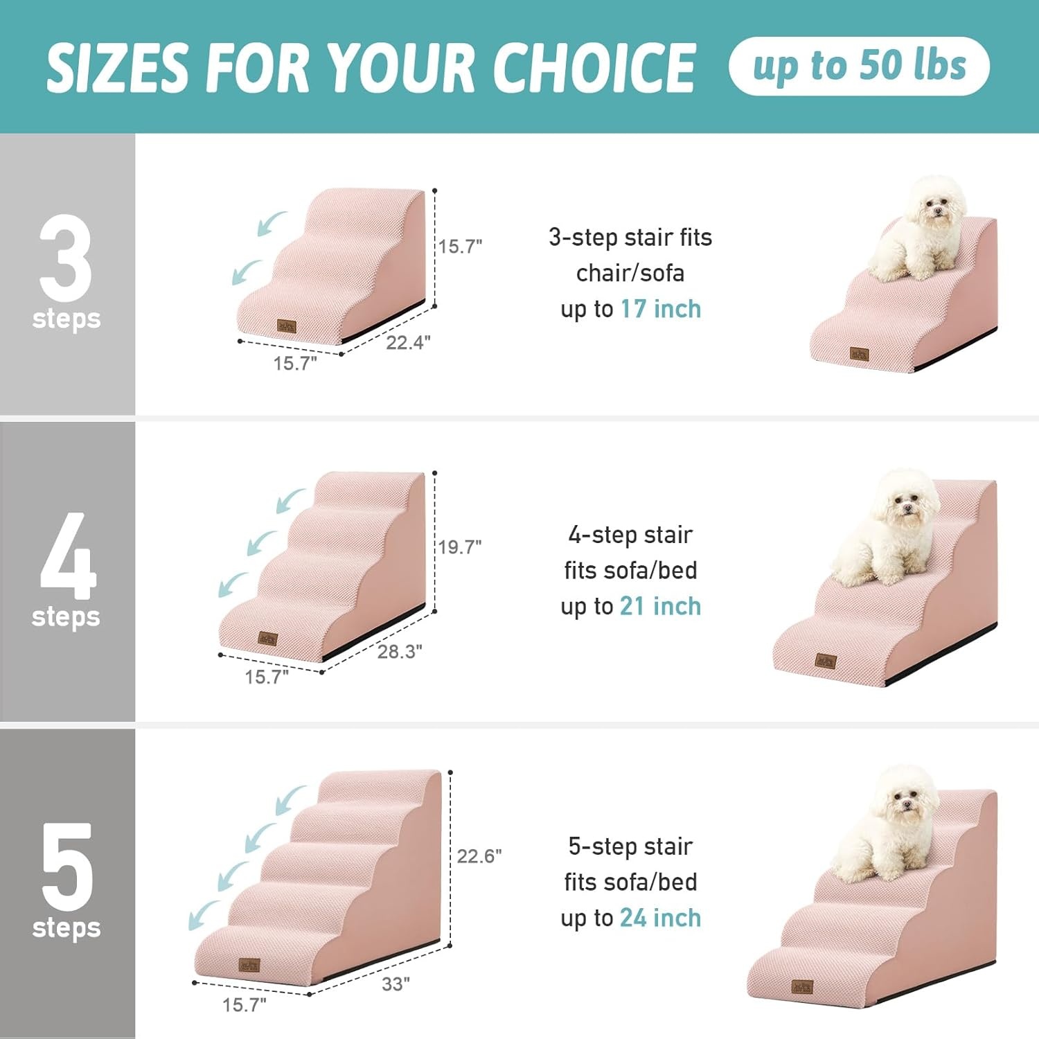 image:imageCOZY KISS Dog Stairs for Small Dog 226 H Curved Pet Step for Puppy Older Cat Medium Pet Ramp for High Bed Ladder with High Density Foam Durable 5 Step 157x33x226 inch GreyPink