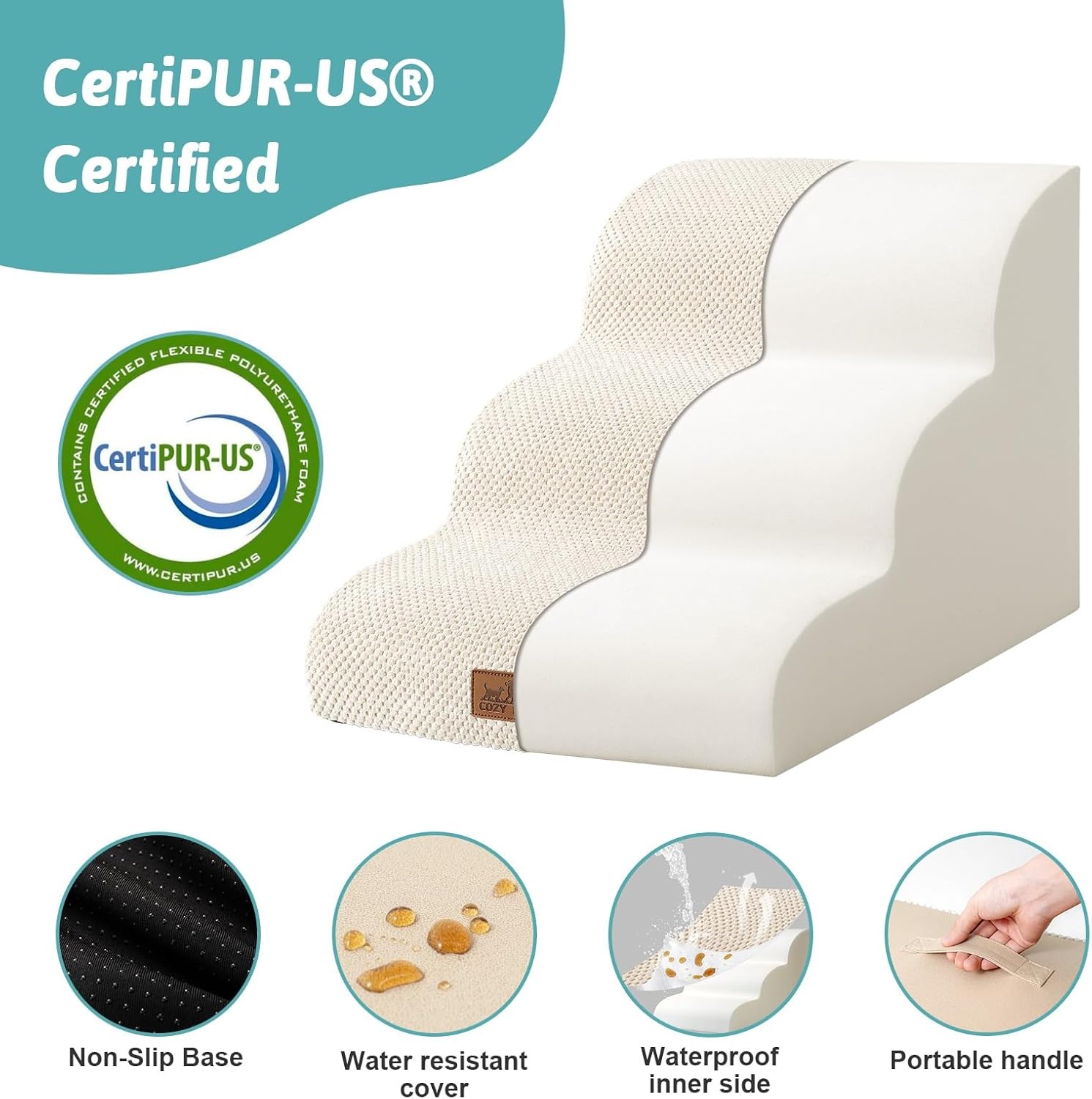 image:imageCOZY KISS Dog Stairs for Small Dog 226 H Curved Pet Step for Puppy Older Cat Medium Pet Ramp for High Bed Ladder with High Density Foam Durable 5 Step 157x33x226 inch GreyBeige