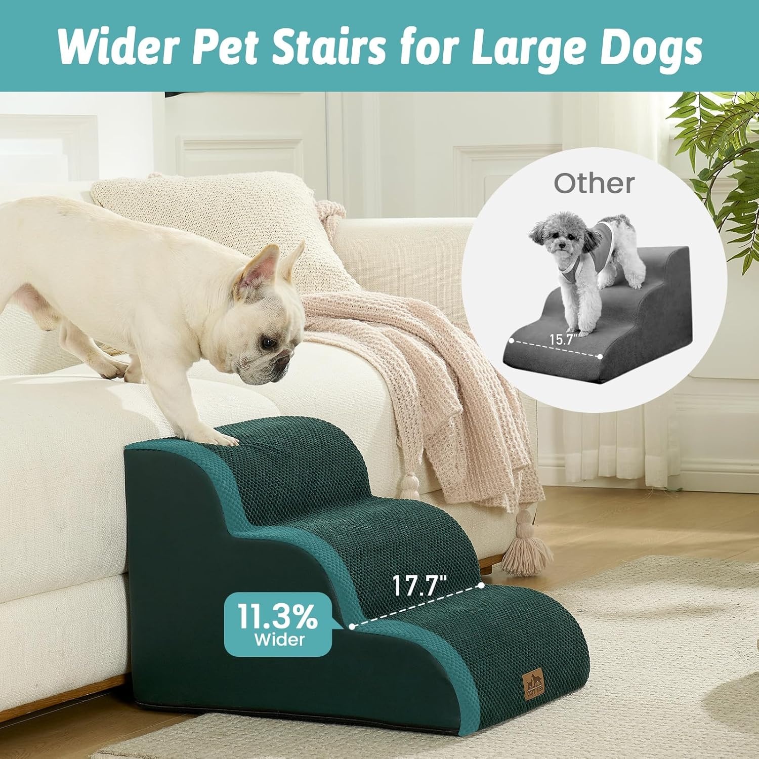 image:imageCOZY KISS Dog Stairs for Small Dog 226 H Curved Pet Step for Puppy Older Cat Medium Pet Ramp for High Bed Ladder with High Density Foam Durable 5 Step 157x33x226 inch GreyDark Green