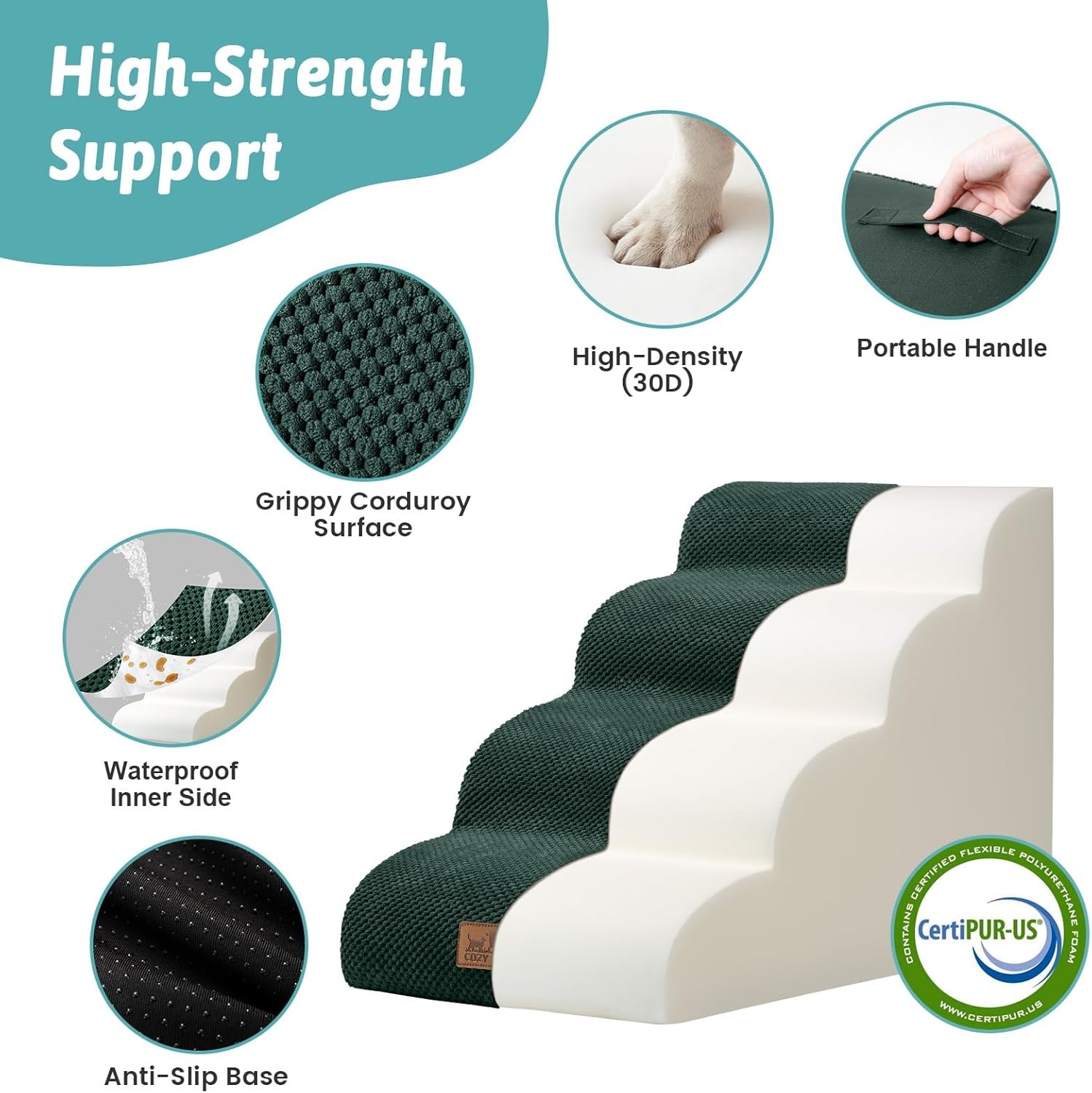 image:imageCOZY KISS Dog Stairs for Small Dog 226 H Curved Pet Step for Puppy Older Cat Medium Pet Ramp for High Bed Ladder with High Density Foam Durable 5 Step 157x33x226 inch GreyDark Green