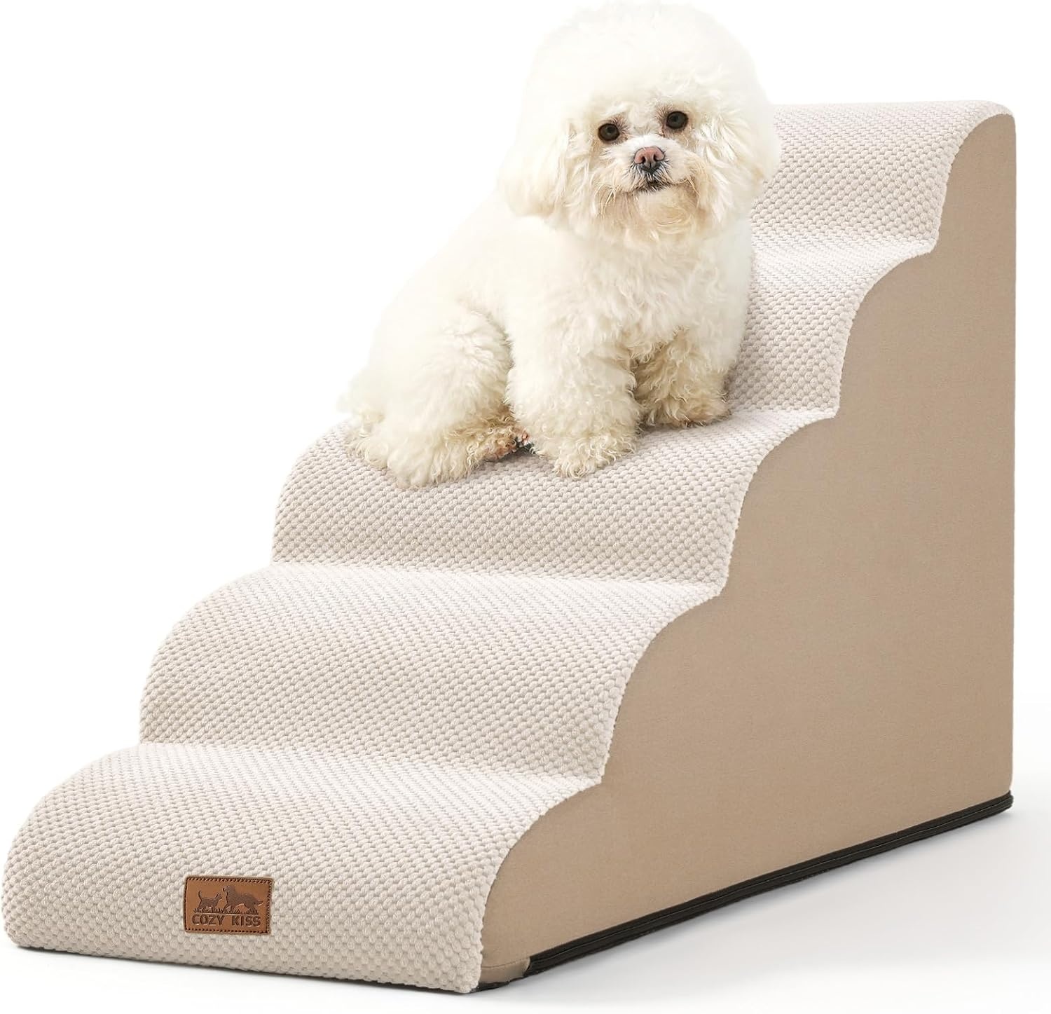 image:imageCOZY KISS Dog Stairs for Small Dog 226 H Curved Pet Step for Puppy Older Cat Medium Pet Ramp for High Bed Ladder with High Density Foam Durable 5 Step 157x33x226 inch GreyBeige