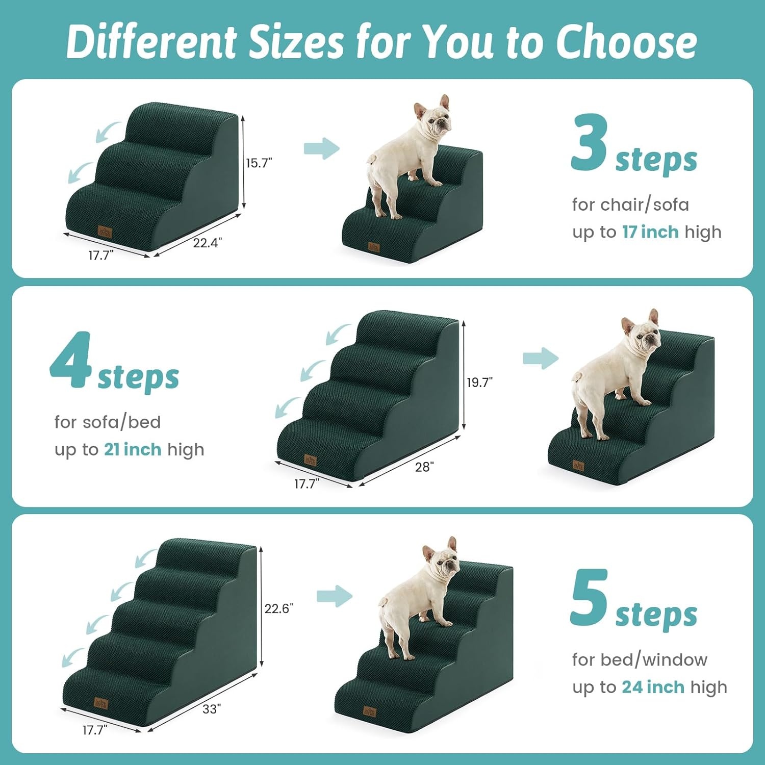image:imageCOZY KISS Dog Stairs for Small Dog 226 H Curved Pet Step for Puppy Older Cat Medium Pet Ramp for High Bed Ladder with High Density Foam Durable 5 Step 157x33x226 inch GreyDark Green