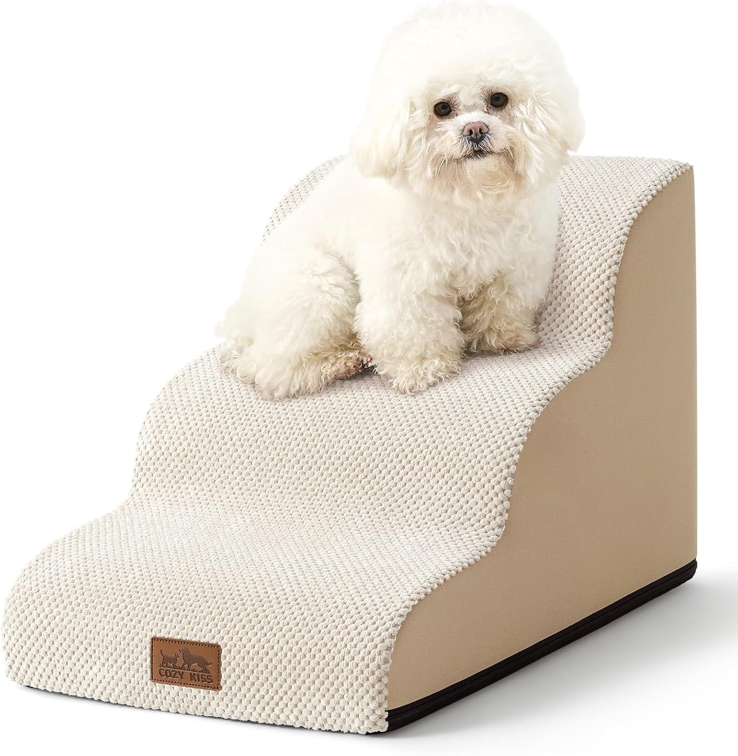 image:imageCOZY KISS Dog Stairs for Small Dog 226 H Curved Pet Step for Puppy Older Cat Medium Pet Ramp for High Bed Ladder with High Density Foam Durable 5 Step 157x33x226 inch GreyBeige