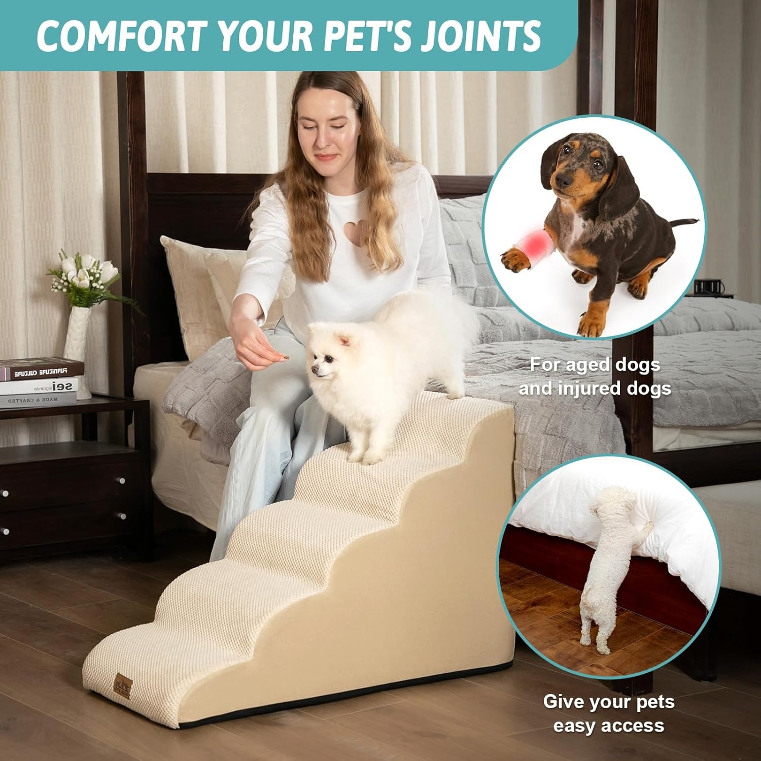 image:imageCOZY KISS Dog Stairs for Small Dog 226 H Curved Pet Step for Puppy Older Cat Medium Pet Ramp for High Bed Ladder with High Density Foam Durable 5 Step 157x33x226 inch GreyBeige