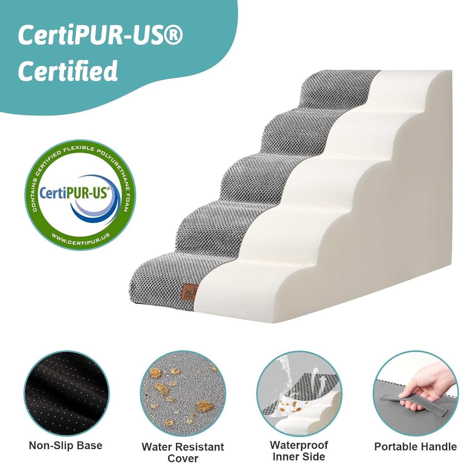 image:imageCOZY KISS Dog Stairs for Small Dog 226 H Curved Pet Step for Puppy Older Cat Medium Pet Ramp for High Bed Ladder with High Density Foam Durable 5 Step 157x33x226 inch GreyGrey