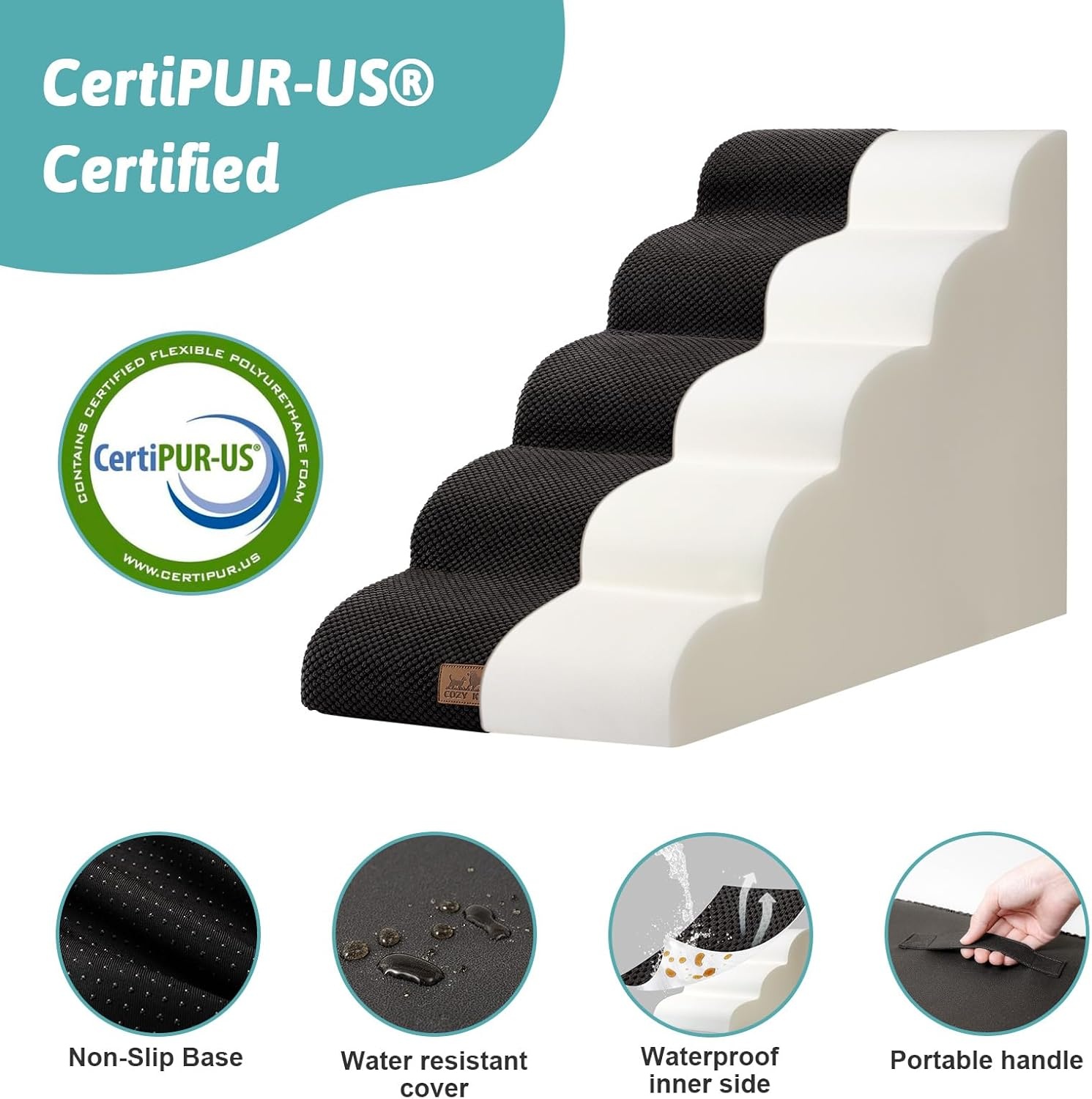 image:imageCOZY KISS Dog Stairs for Small Dog 226 H Curved Pet Step for Puppy Older Cat Medium Pet Ramp for High Bed Ladder with High Density Foam Durable 5 Step 157x33x226 inch GreyBlack