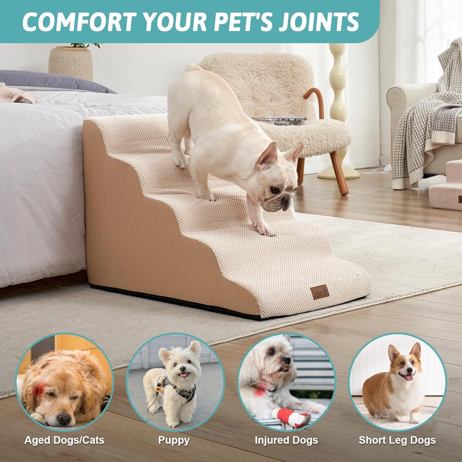 image:imageCOZY KISS Dog Stairs for Small Dog 226 H Curved Pet Step for Puppy Older Cat Medium Pet Ramp for High Bed Ladder with High Density Foam Durable 5 Step 157x33x226 inch GreyBeige