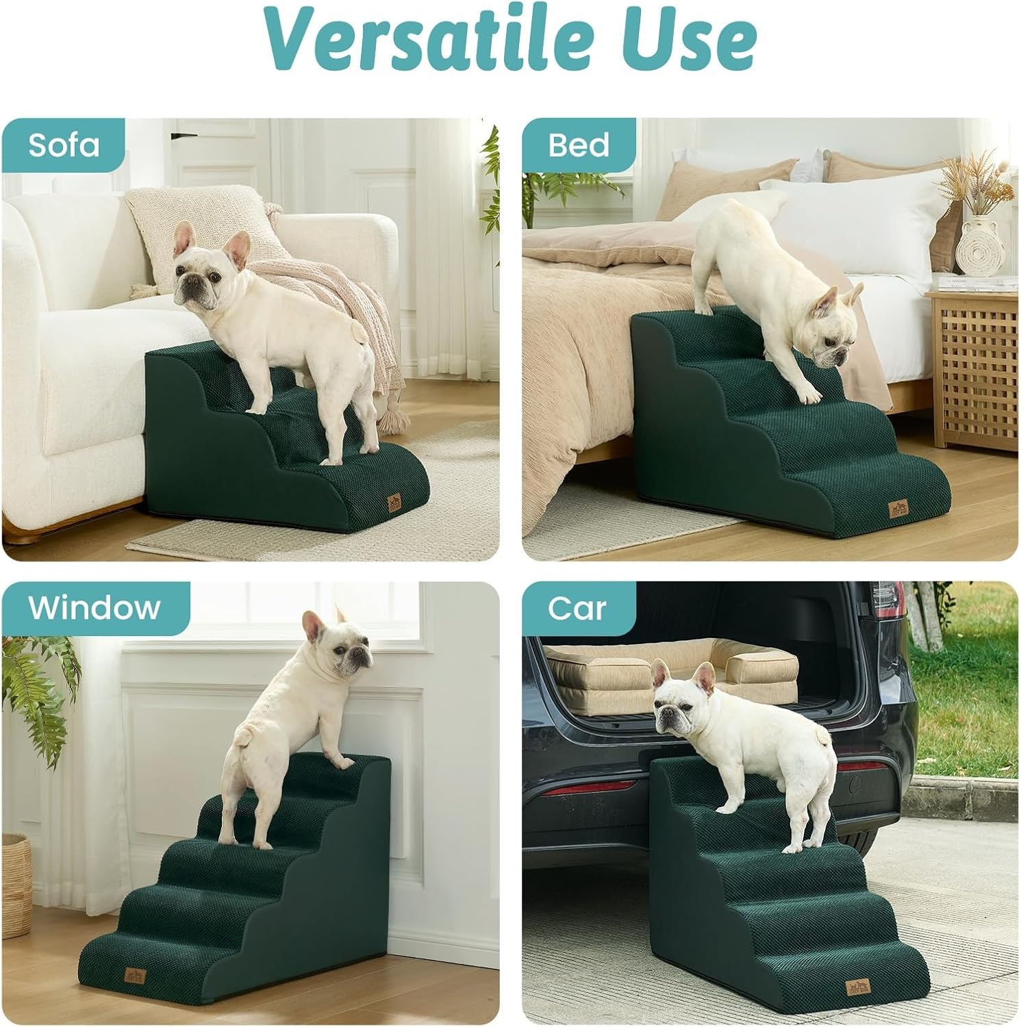 image:imageCOZY KISS Dog Stairs for Small Dog 226 H Curved Pet Step for Puppy Older Cat Medium Pet Ramp for High Bed Ladder with High Density Foam Durable 5 Step 157x33x226 inch GreyDark Green