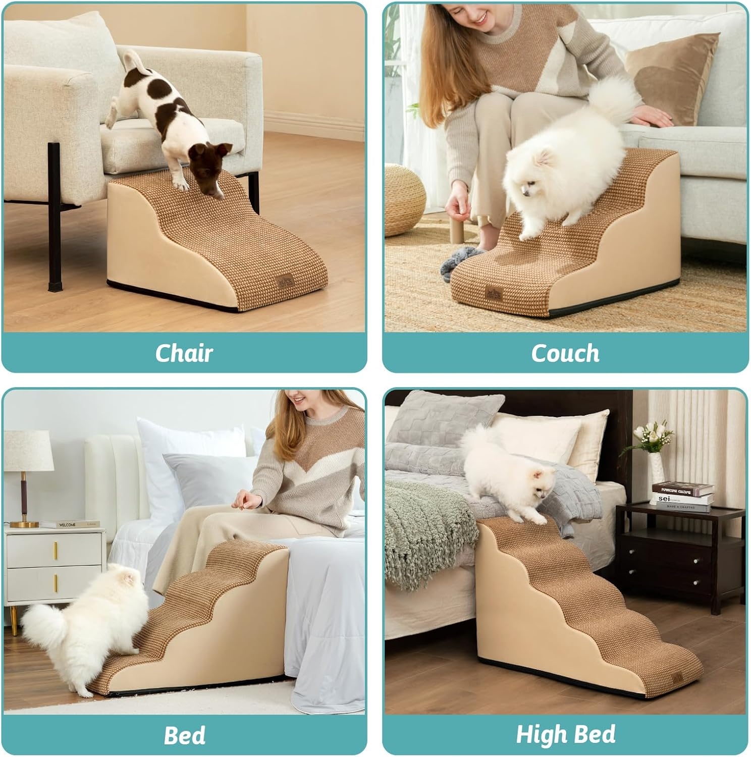 image:imageCOZY KISS Dog Stairs for Small Dog 226 H Curved Pet Step for Puppy Older Cat Medium Pet Ramp for High Bed Ladder with High Density Foam Durable 5 Step 157x33x226 inch GreyLight Brown
