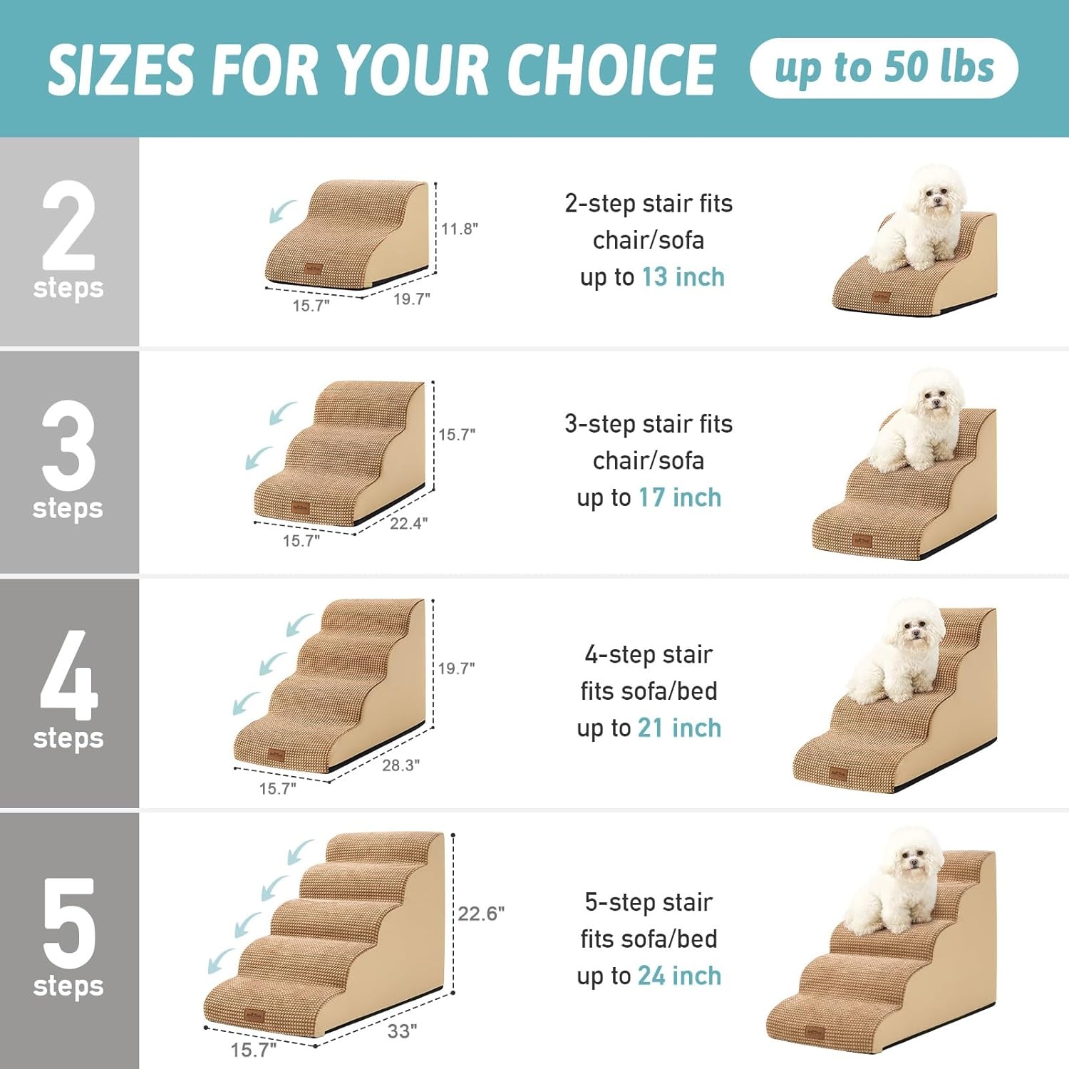 image:imageCOZY KISS Dog Stairs for Small Dog 226 H Curved Pet Step for Puppy Older Cat Medium Pet Ramp for High Bed Ladder with High Density Foam Durable 5 Step 157x33x226 inch GreyLight Brown