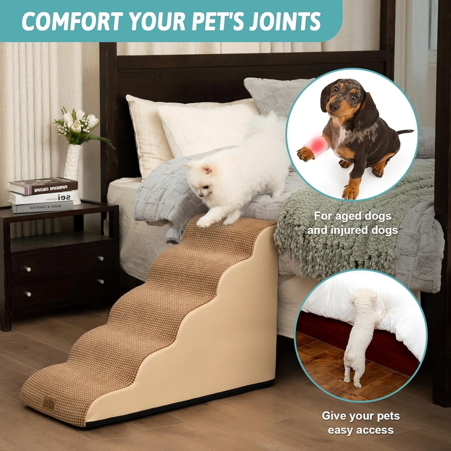 image:imageCOZY KISS Dog Stairs for Small Dog 226 H Curved Pet Step for Puppy Older Cat Medium Pet Ramp for High Bed Ladder with High Density Foam Durable 5 Step 157x33x226 inch GreyLight Brown