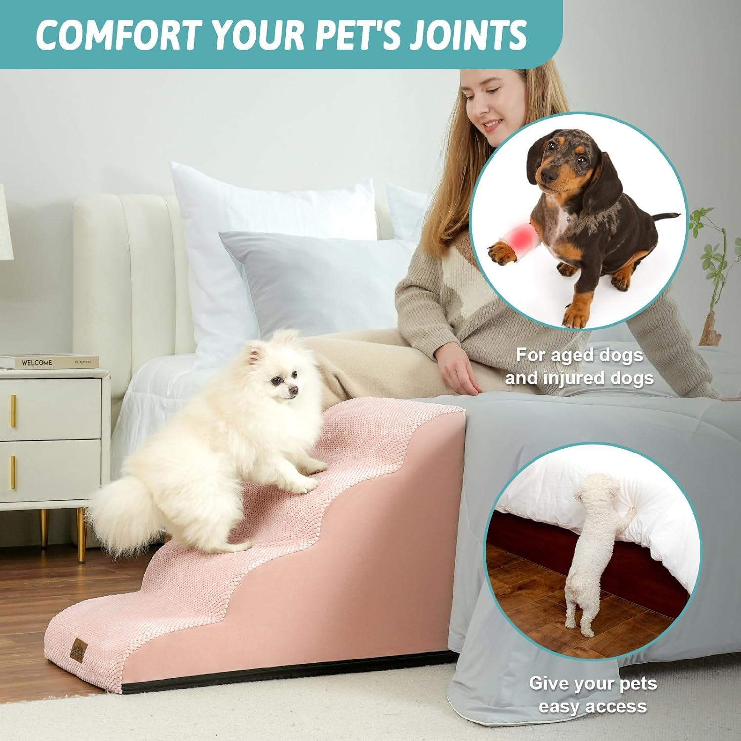 image:imageCOZY KISS Dog Stairs for Small Dog 226 H Curved Pet Step for Puppy Older Cat Medium Pet Ramp for High Bed Ladder with High Density Foam Durable 5 Step 157x33x226 inch GreyPink