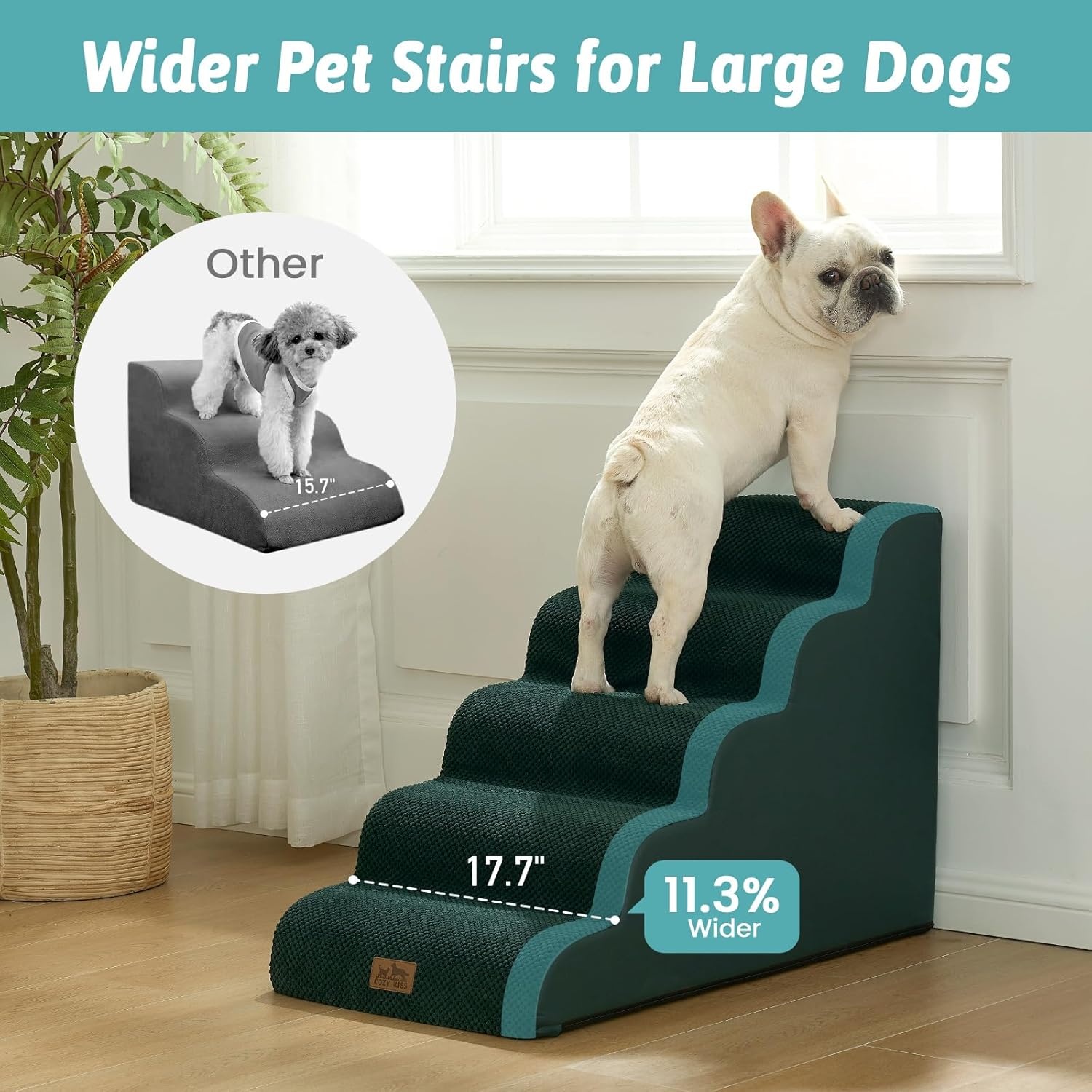 image:imageCOZY KISS Dog Stairs for Small Dog 226 H Curved Pet Step for Puppy Older Cat Medium Pet Ramp for High Bed Ladder with High Density Foam Durable 5 Step 157x33x226 inch GreyDark Green