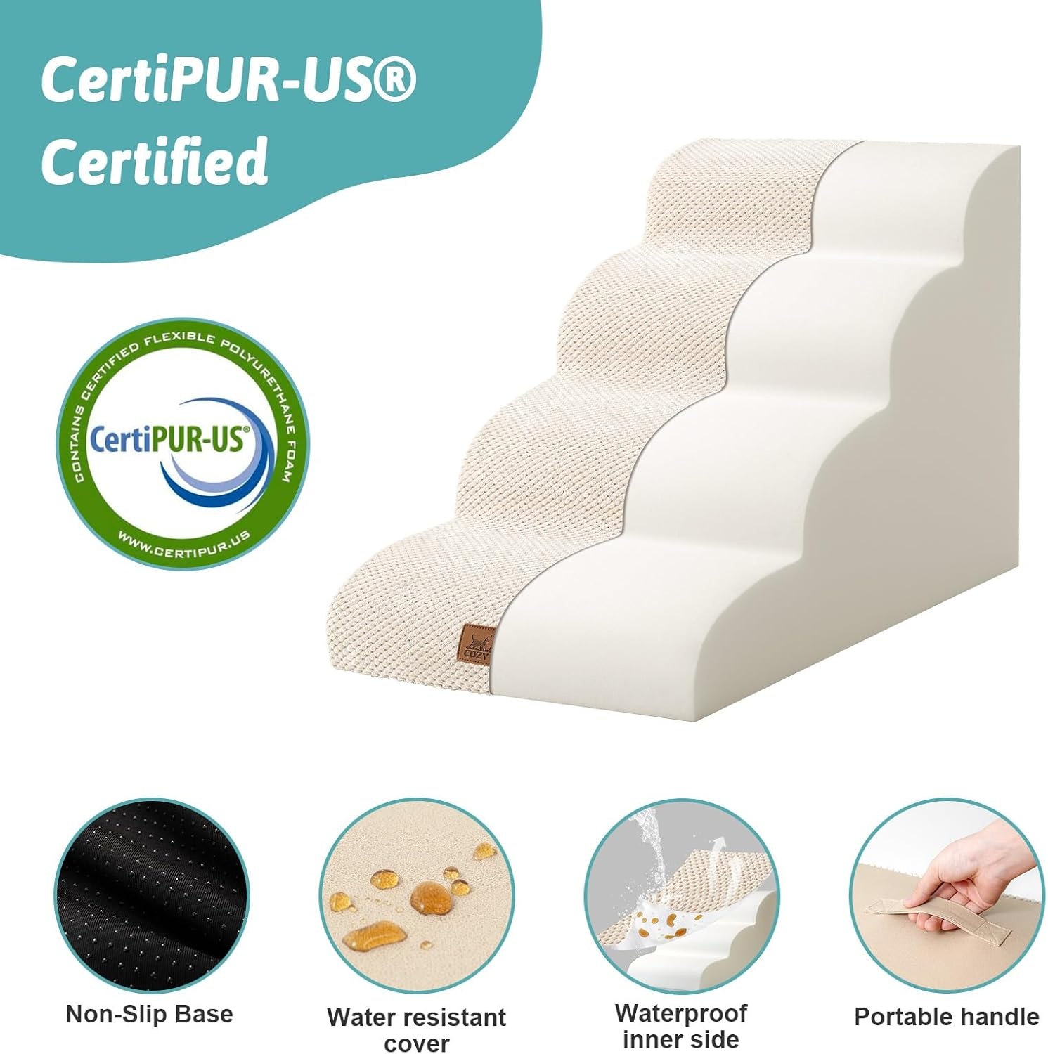 image:imageCOZY KISS Dog Stairs for Small Dog 226 H Curved Pet Step for Puppy Older Cat Medium Pet Ramp for High Bed Ladder with High Density Foam Durable 5 Step 157x33x226 inch GreyBeige