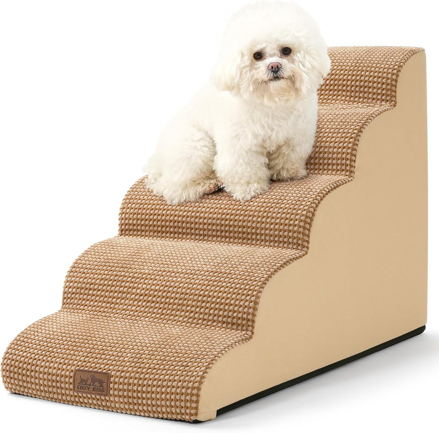 image:imageCOZY KISS Dog Stairs for Small Dog 226 H Curved Pet Step for Puppy Older Cat Medium Pet Ramp for High Bed Ladder with High Density Foam Durable 5 Step 157x33x226 inch GreyLight Brown