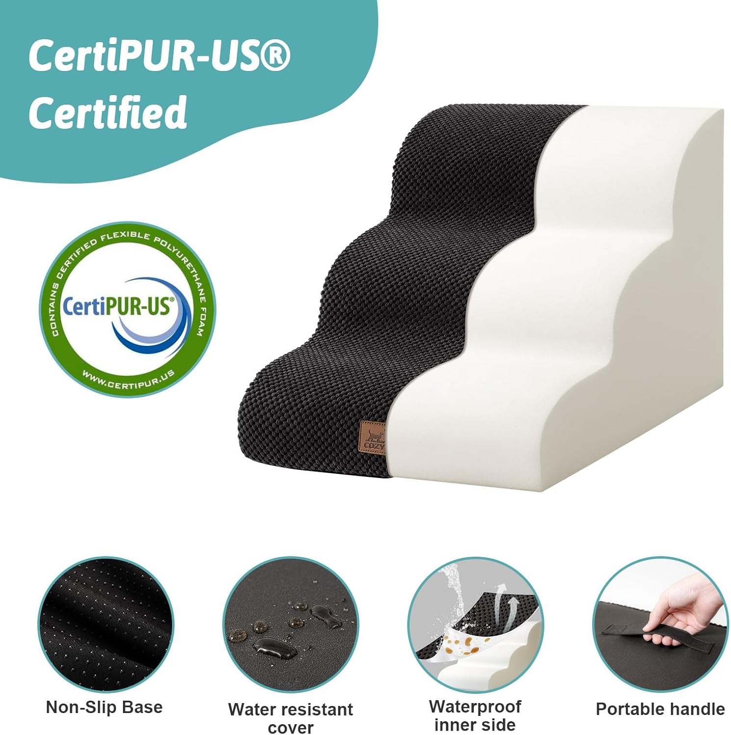 image:imageCOZY KISS Dog Stairs for Small Dog 226 H Curved Pet Step for Puppy Older Cat Medium Pet Ramp for High Bed Ladder with High Density Foam Durable 5 Step 157x33x226 inch GreyBlack