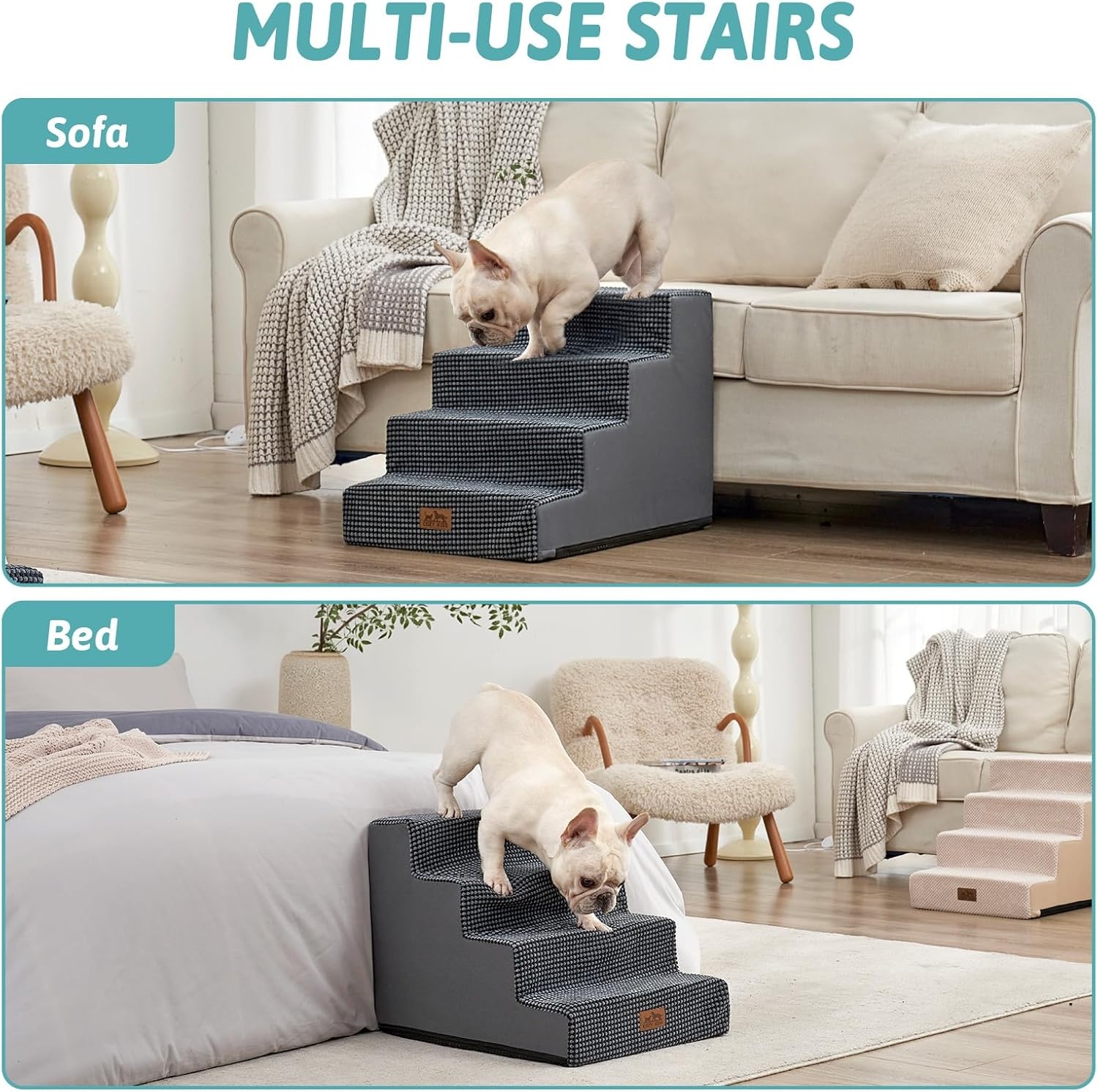 image:imageCOZY KISS Dog Stairs for Small Dogs 4 Tier Wider Pet Stairs for Couch and Beds 177 H NonSlip Dog Steps for Old Cats Puppy Small Medium Dogs 177x236x177 inch BeigeDark Grey