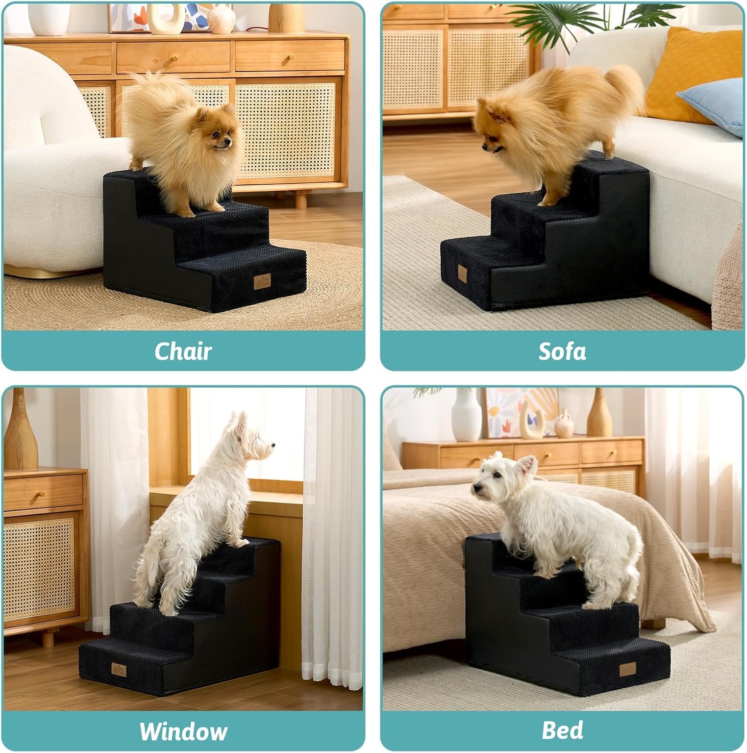 image:imageCOZY KISS Dog Stairs for Small Dogs 4 Tier Wider Pet Stairs for Couch and Beds 177 H NonSlip Dog Steps for Old Cats Puppy Small Medium Dogs 177x236x177 inch BeigeBlack