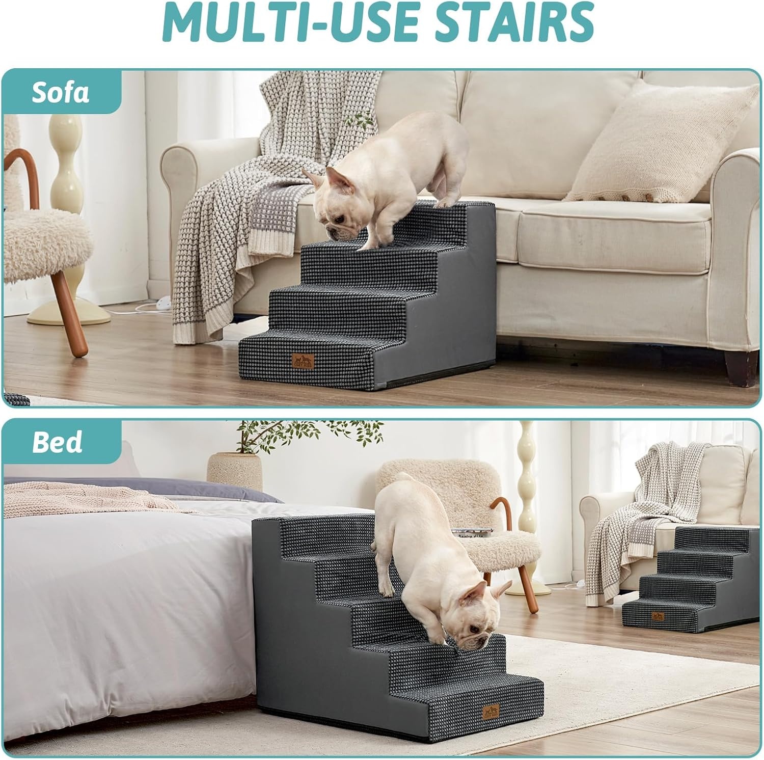 image:imageCOZY KISS Dog Stairs for Small Dogs 4 Tier Wider Pet Stairs for Couch and Beds 177 H NonSlip Dog Steps for Old Cats Puppy Small Medium Dogs 177x236x177 inch BeigeDark Grey