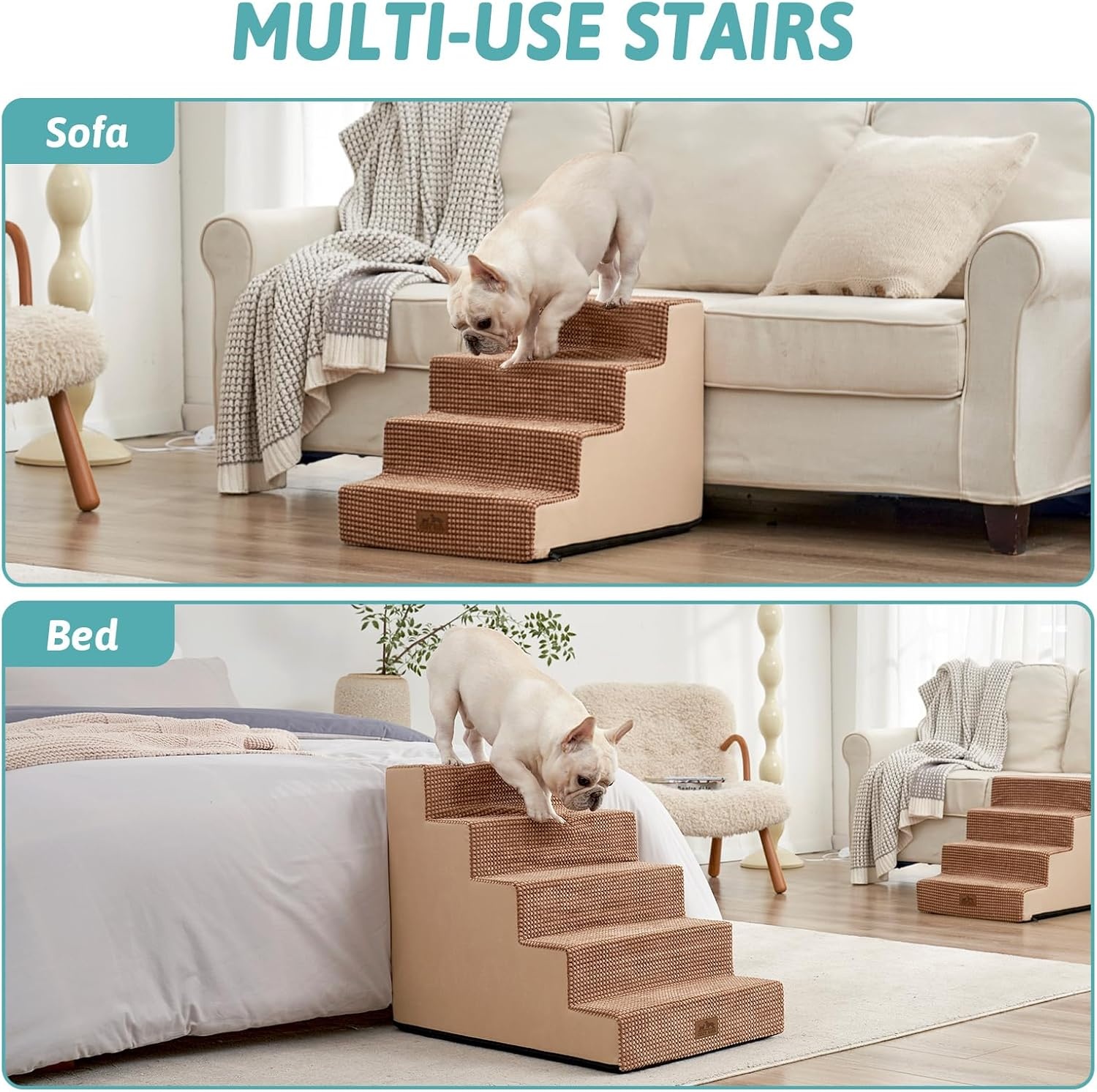 image:imageCOZY KISS Dog Stairs for Small Dogs 4 Tier Wider Pet Stairs for Couch and Beds 177 H NonSlip Dog Steps for Old Cats Puppy Small Medium Dogs 177x236x177 inch BeigeLight Brown