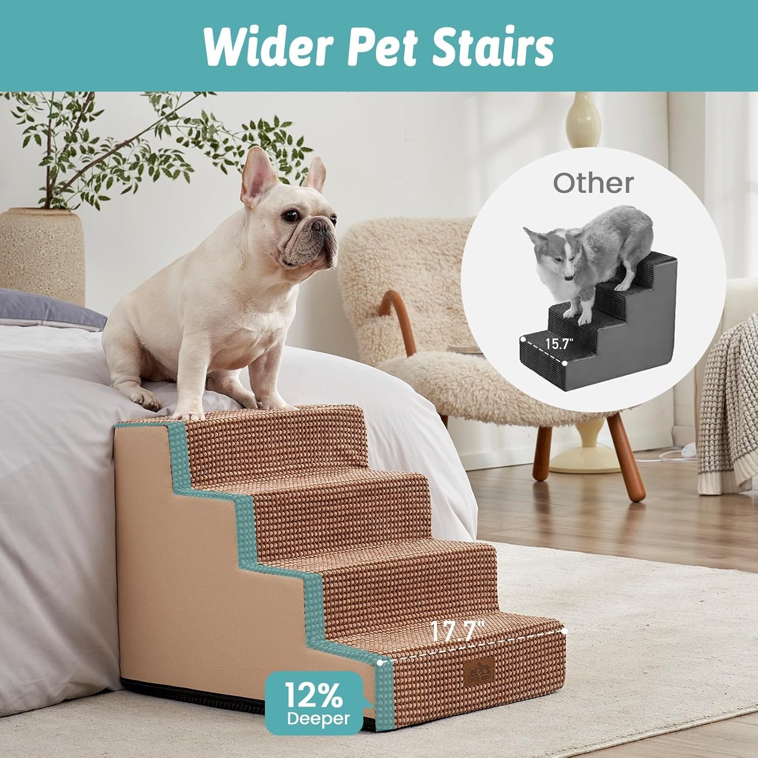 image:imageCOZY KISS Dog Stairs for Small Dogs 4 Tier Wider Pet Stairs for Couch and Beds 177 H NonSlip Dog Steps for Old Cats Puppy Small Medium Dogs 177x236x177 inch BeigeLight Brown
