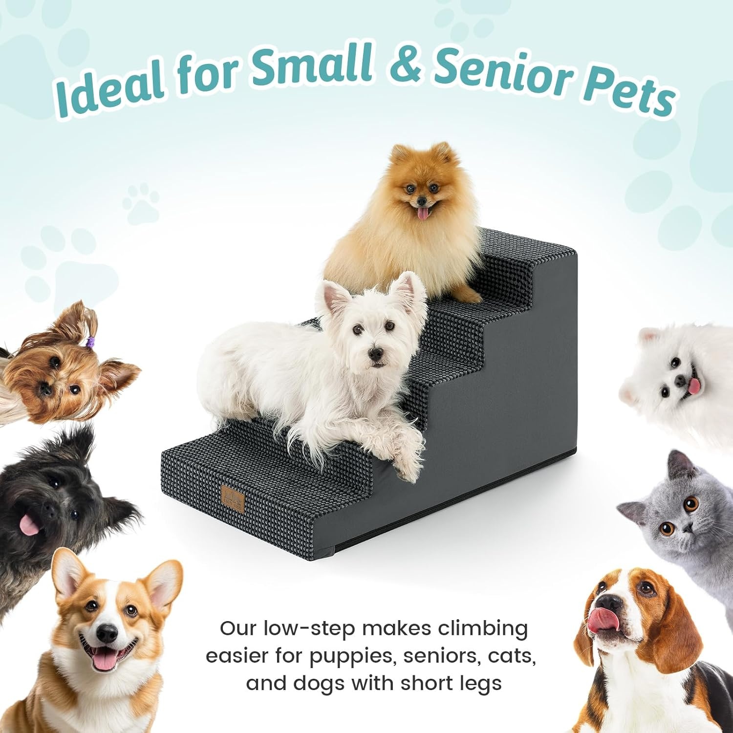 image:imageCOZY KISS Dog Stairs for Small Dogs 4 Tier Wider Pet Stairs for Couch and Beds 177 H NonSlip Dog Steps for Old Cats Puppy Small Medium Dogs 177x236x177 inch BeigeSlopeCharcoal