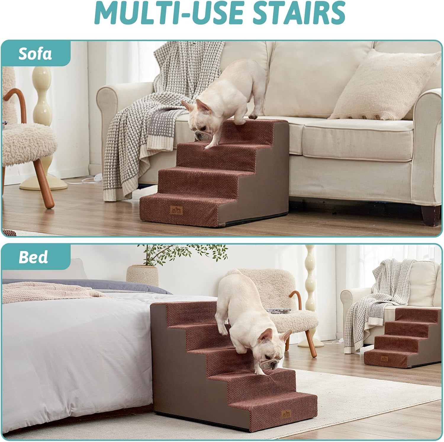 image:imageCOZY KISS Dog Stairs for Small Dogs 4 Tier Wider Pet Stairs for Couch and Beds 177 H NonSlip Dog Steps for Old Cats Puppy Small Medium Dogs 177x236x177 inch BeigeBrown