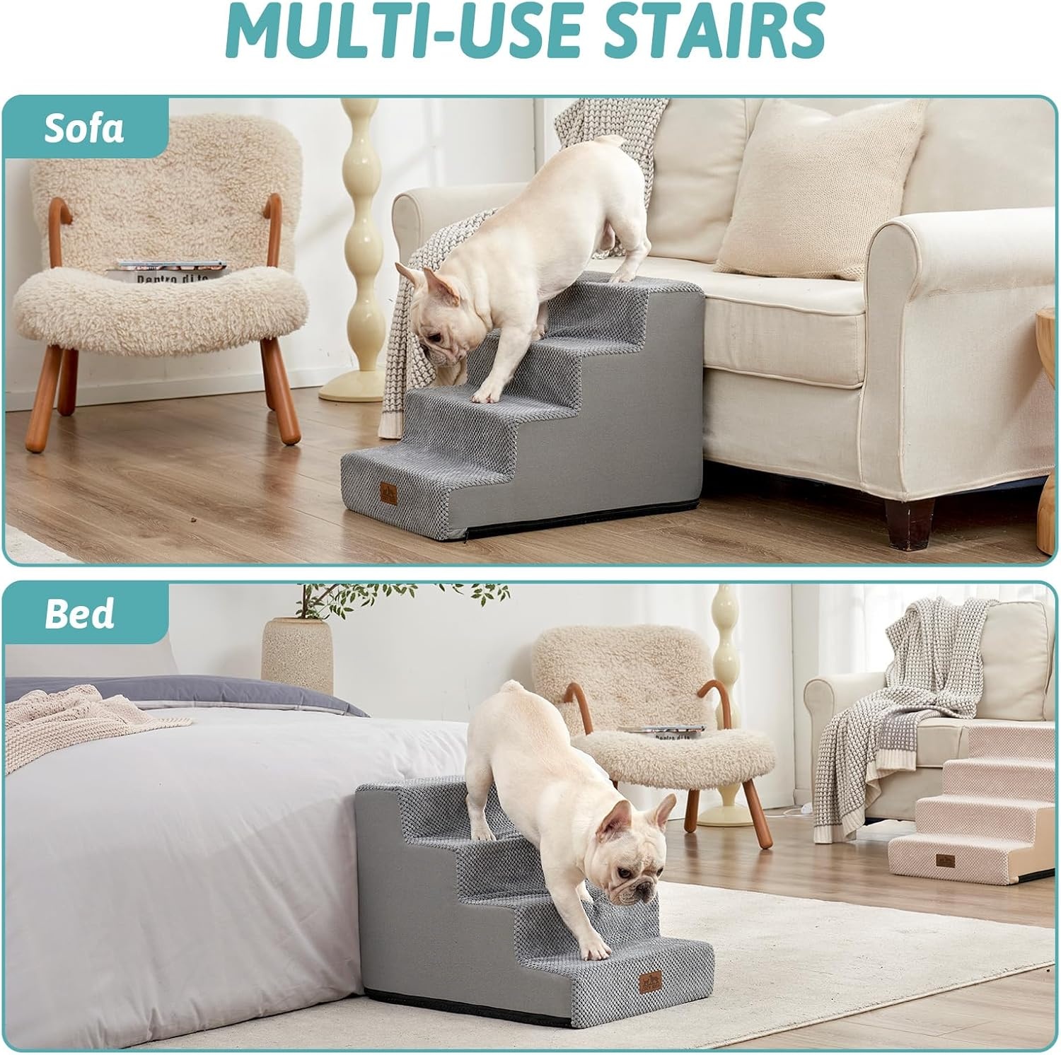 image:imageCOZY KISS Dog Stairs for Small Dogs 4 Tier Wider Pet Stairs for Couch and Beds 177 H NonSlip Dog Steps for Old Cats Puppy Small Medium Dogs 177x236x177 inch BeigeGrey