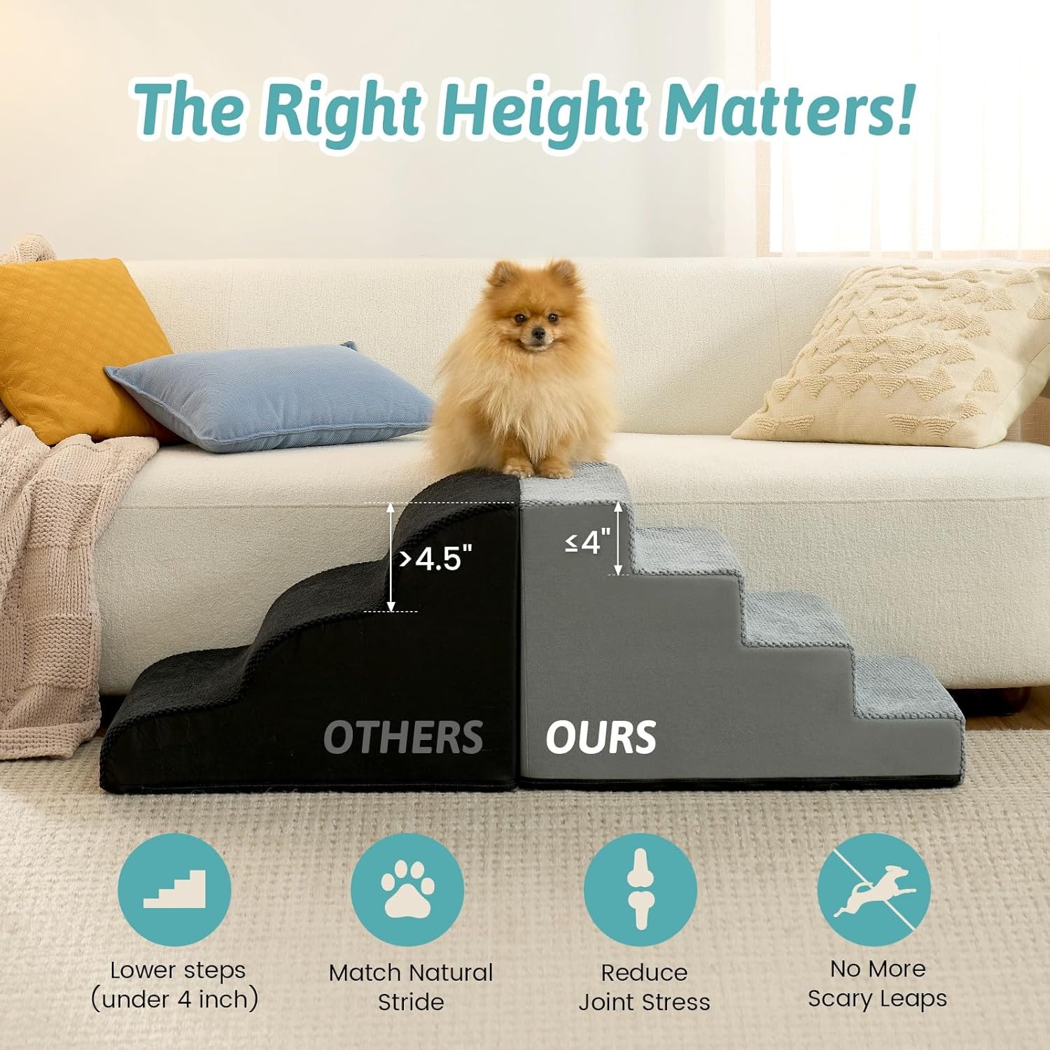 image:imageCOZY KISS Dog Stairs for Small Dogs 4 Tier Wider Pet Stairs for Couch and Beds 177 H NonSlip Dog Steps for Old Cats Puppy Small Medium Dogs 177x236x177 inch BeigeSlopeGrey