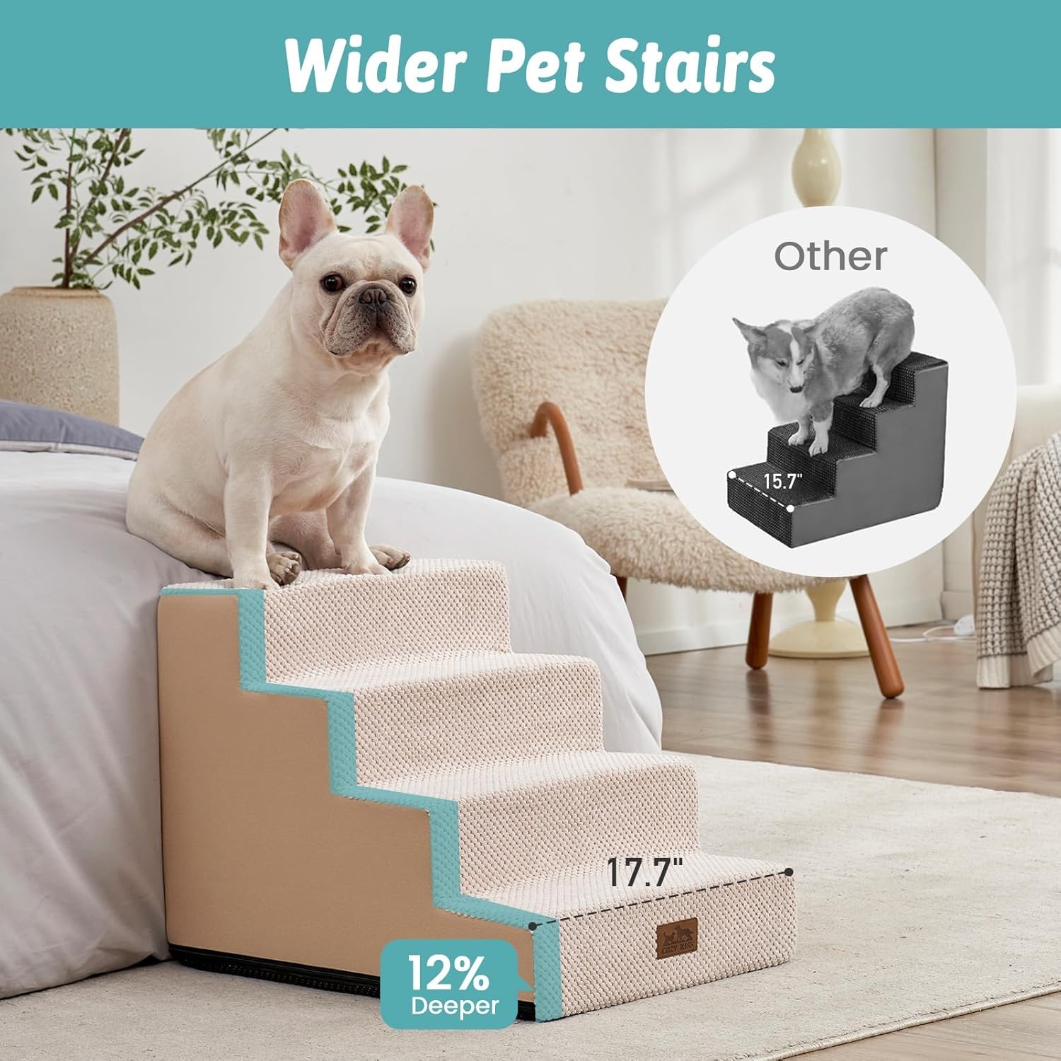 image:imageCOZY KISS Dog Stairs for Small Dogs 4 Tier Wider Pet Stairs for Couch and Beds 177 H NonSlip Dog Steps for Old Cats Puppy Small Medium Dogs 177x236x177 inch BeigeBeige