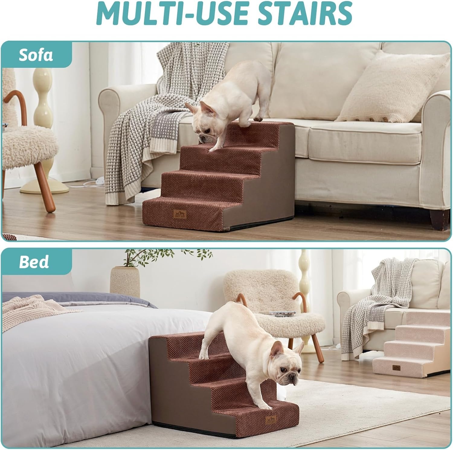 image:imageCOZY KISS Dog Stairs for Small Dogs 4 Tier Wider Pet Stairs for Couch and Beds 177 H NonSlip Dog Steps for Old Cats Puppy Small Medium Dogs 177x236x177 inch BeigeBrown