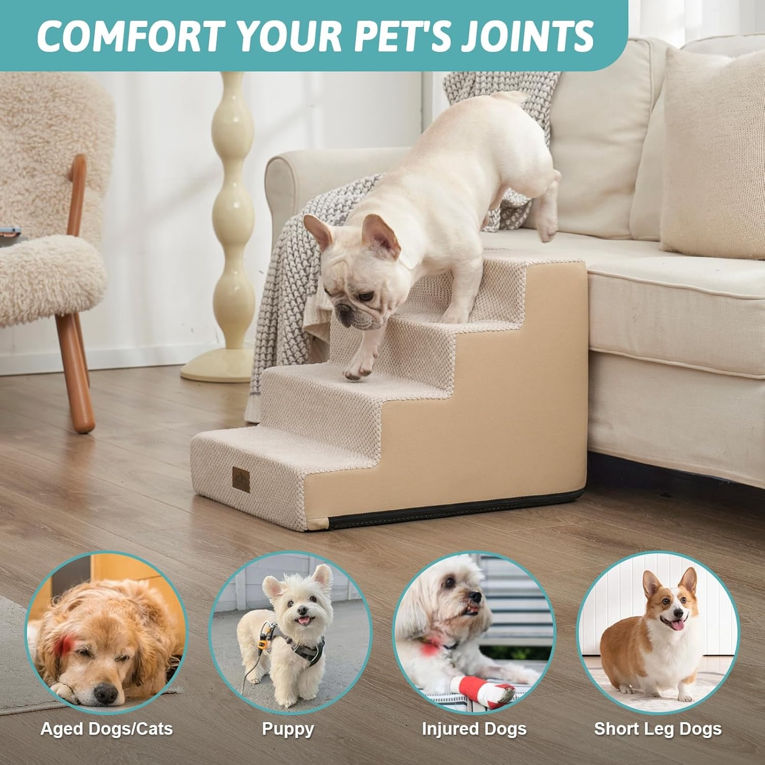 image:imageCOZY KISS Dog Stairs for Small Dogs 4 Tier Wider Pet Stairs for Couch and Beds 177 H NonSlip Dog Steps for Old Cats Puppy Small Medium Dogs 177x236x177 inch BeigeBeige