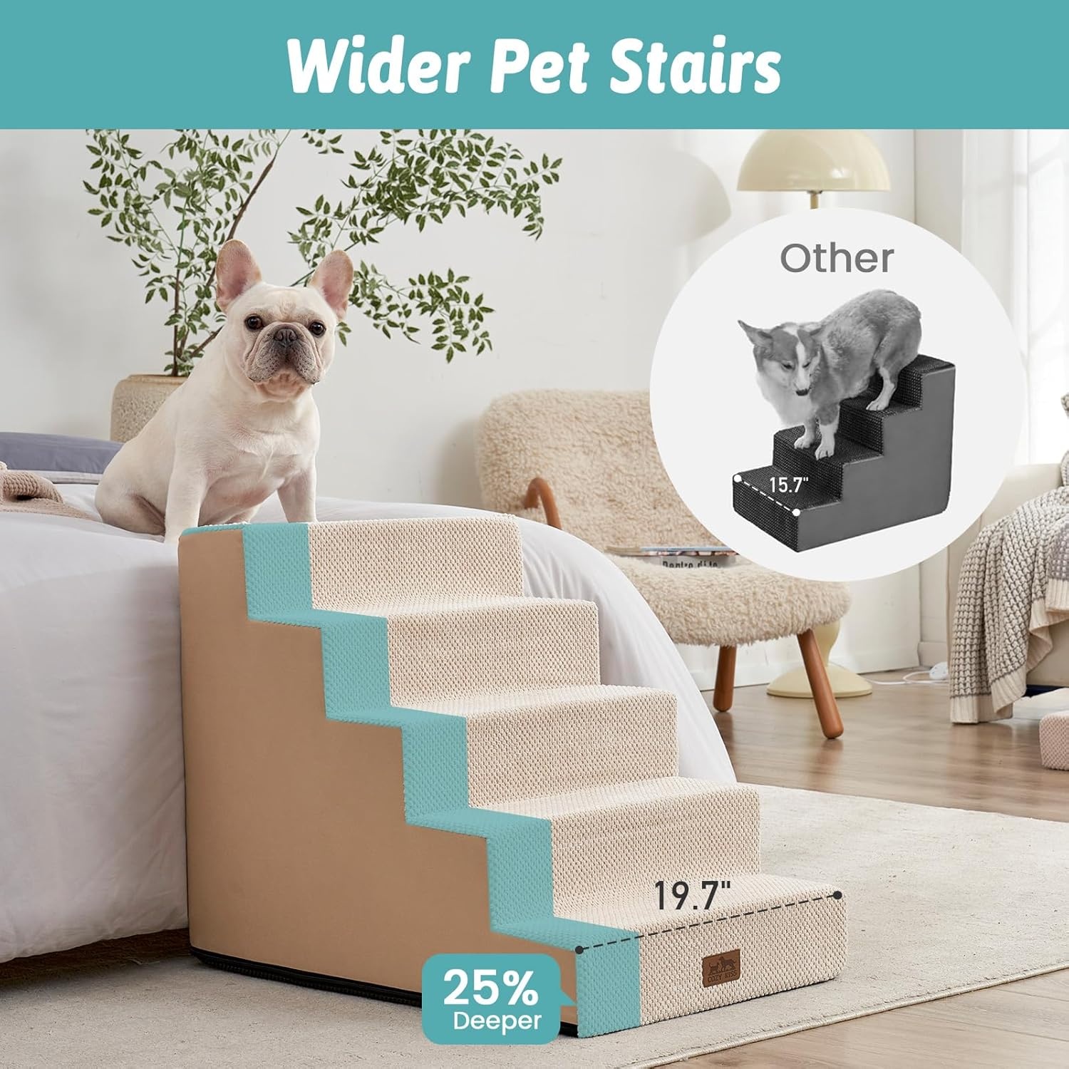 image:imageCOZY KISS Dog Stairs for Small Dogs 4 Tier Wider Pet Stairs for Couch and Beds 177 H NonSlip Dog Steps for Old Cats Puppy Small Medium Dogs 177x236x177 inch BeigeBeige