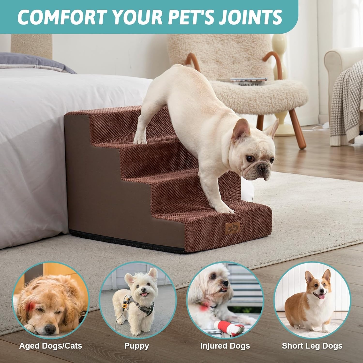 image:imageCOZY KISS Dog Stairs for Small Dogs 4 Tier Wider Pet Stairs for Couch and Beds 177 H NonSlip Dog Steps for Old Cats Puppy Small Medium Dogs 177x236x177 inch BeigeBrown