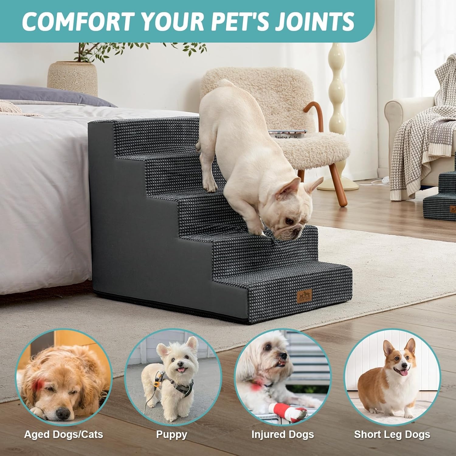 image:imageCOZY KISS Dog Stairs for Small Dogs 4 Tier Wider Pet Stairs for Couch and Beds 177 H NonSlip Dog Steps for Old Cats Puppy Small Medium Dogs 177x236x177 inch BeigeDark Grey