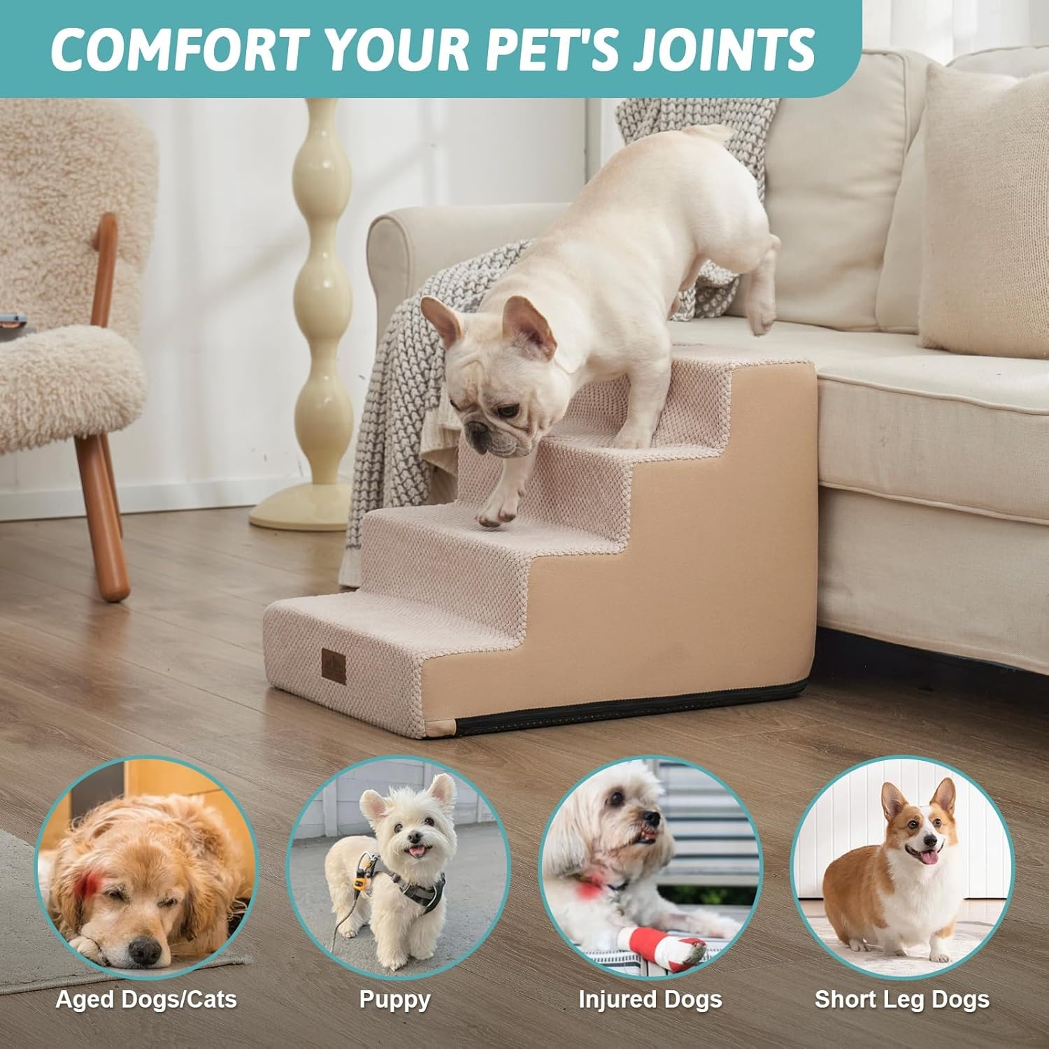image:imageCOZY KISS Dog Stairs for Small Dogs 4 Tier Wider Pet Stairs for Couch and Beds 177 H NonSlip Dog Steps for Old Cats Puppy Small Medium Dogs 177x236x177 inch BeigeBeige