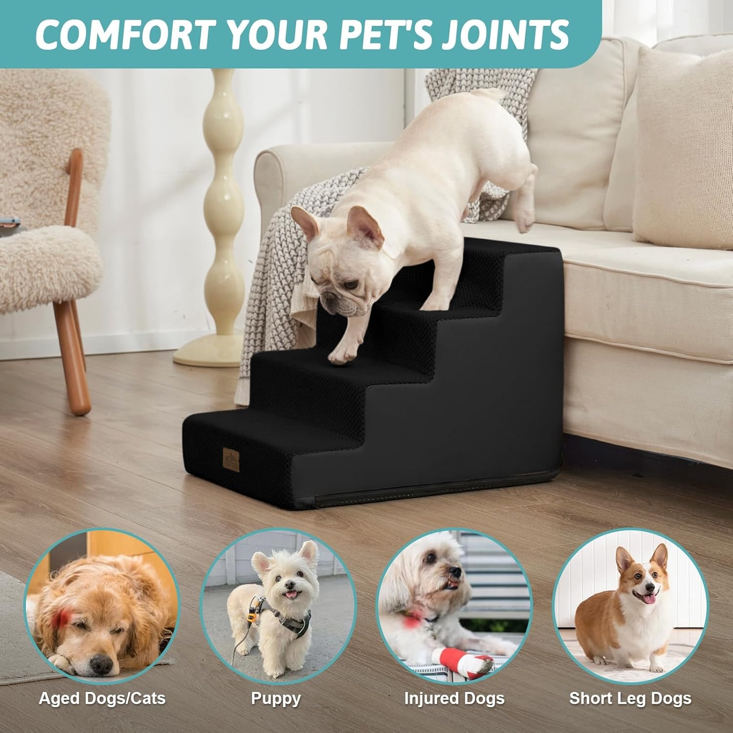 image:imageCOZY KISS Dog Stairs for Small Dogs 4 Tier Wider Pet Stairs for Couch and Beds 177 H NonSlip Dog Steps for Old Cats Puppy Small Medium Dogs 177x236x177 inch BeigeBlack