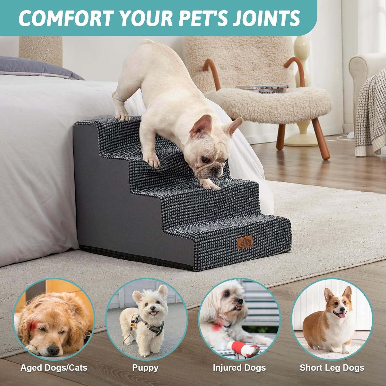 image:imageCOZY KISS Dog Stairs for Small Dogs 4 Tier Wider Pet Stairs for Couch and Beds 177 H NonSlip Dog Steps for Old Cats Puppy Small Medium Dogs 177x236x177 inch BeigeDark Grey