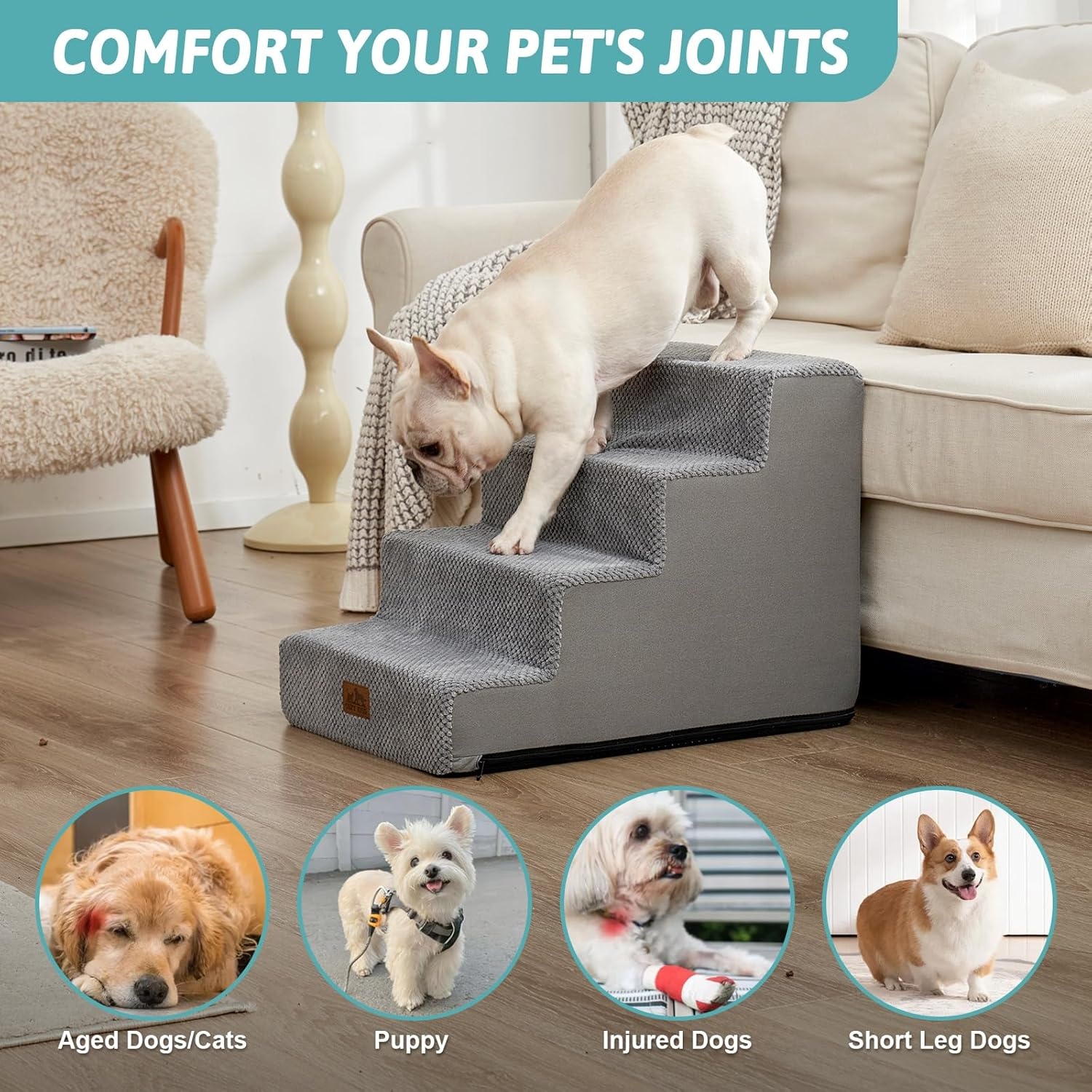 image:imageCOZY KISS Dog Stairs for Small Dogs 4 Tier Wider Pet Stairs for Couch and Beds 177 H NonSlip Dog Steps for Old Cats Puppy Small Medium Dogs 177x236x177 inch BeigeGrey