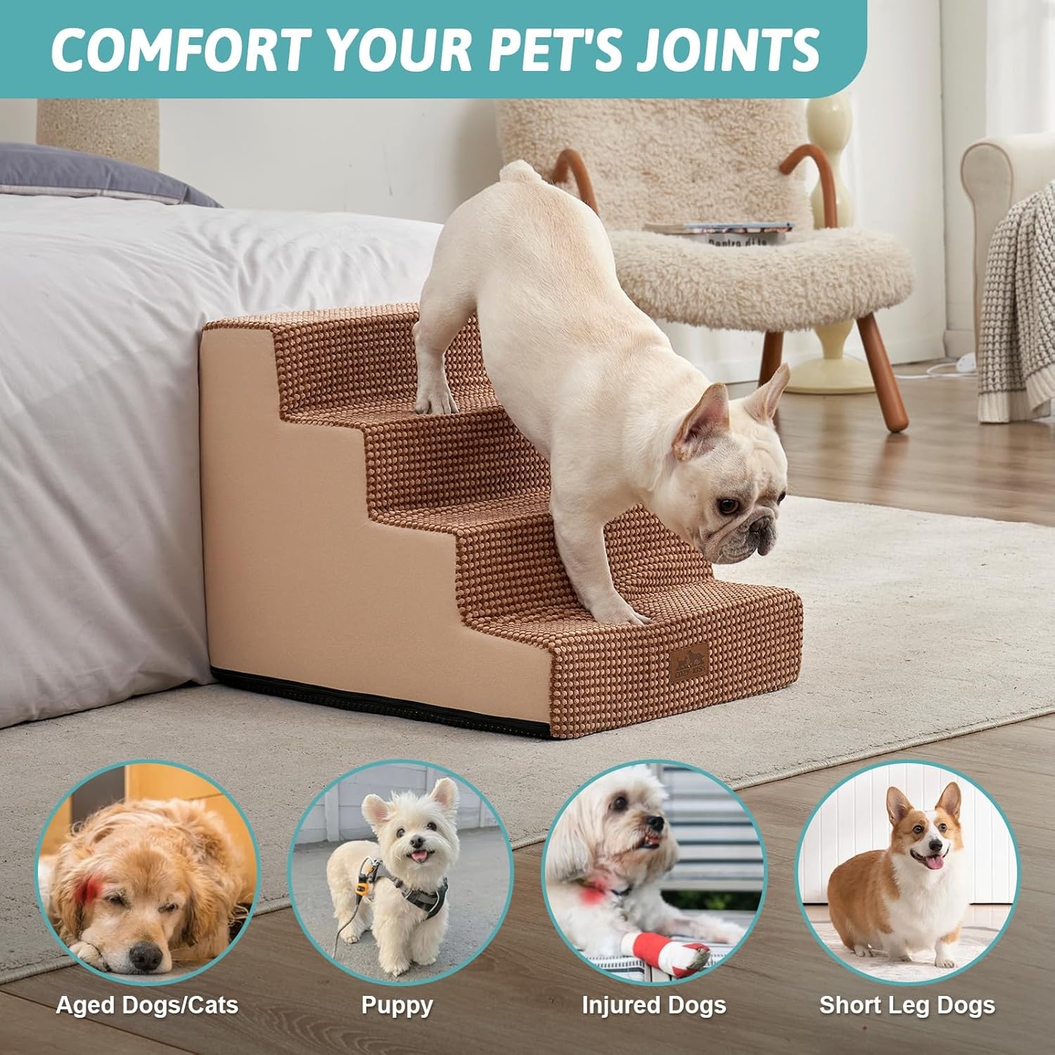 image:imageCOZY KISS Dog Stairs for Small Dogs 4 Tier Wider Pet Stairs for Couch and Beds 177 H NonSlip Dog Steps for Old Cats Puppy Small Medium Dogs 177x236x177 inch BeigeLight Brown