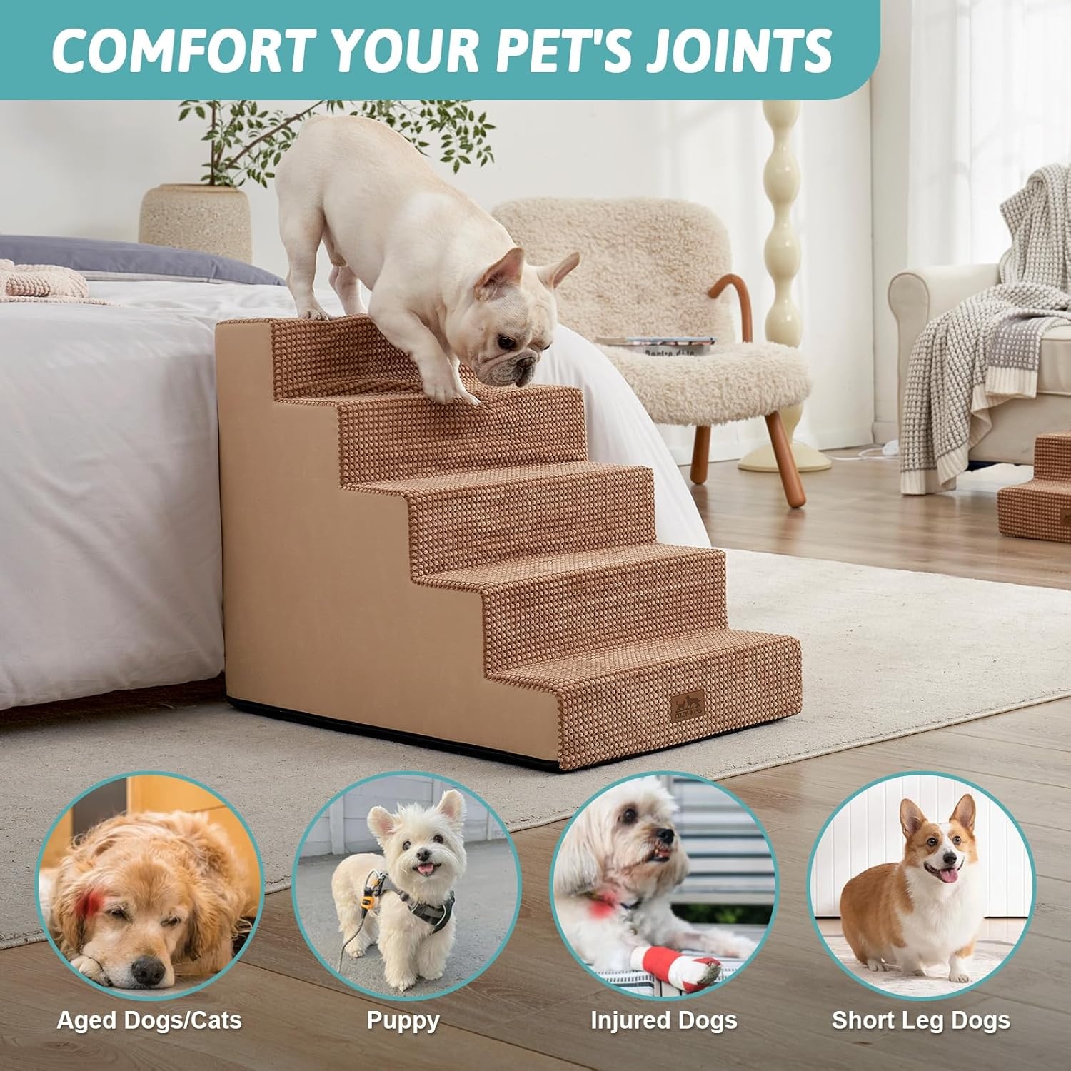 image:imageCOZY KISS Dog Stairs for Small Dogs 4 Tier Wider Pet Stairs for Couch and Beds 177 H NonSlip Dog Steps for Old Cats Puppy Small Medium Dogs 177x236x177 inch BeigeLight Brown