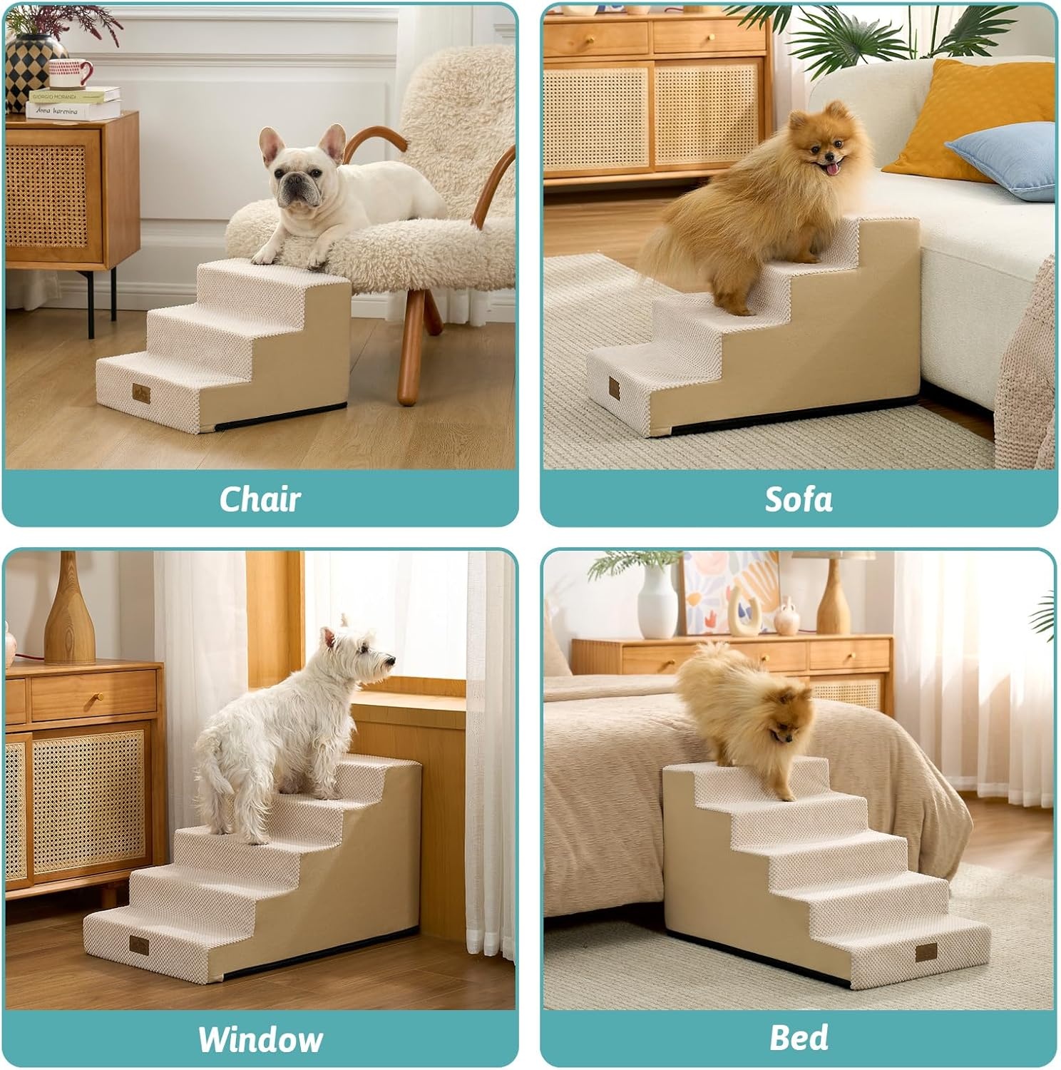 image:imageCOZY KISS Dog Stairs for Small Dogs 4 Tier Wider Pet Stairs for Couch and Beds 177 H NonSlip Dog Steps for Old Cats Puppy Small Medium Dogs 177x236x177 inch BeigeSlopeBeige