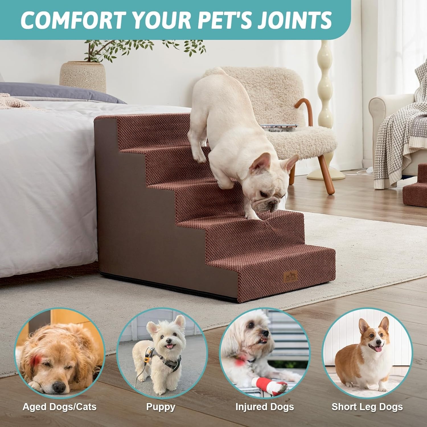 image:imageCOZY KISS Dog Stairs for Small Dogs 4 Tier Wider Pet Stairs for Couch and Beds 177 H NonSlip Dog Steps for Old Cats Puppy Small Medium Dogs 177x236x177 inch BeigeBrown