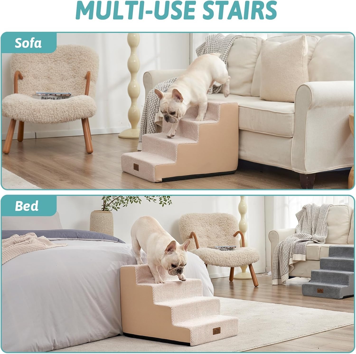image:imageCOZY KISS Dog Stairs for Small Dogs 4 Tier Wider Pet Stairs for Couch and Beds 177 H NonSlip Dog Steps for Old Cats Puppy Small Medium Dogs 177x236x177 inch BeigeBeige